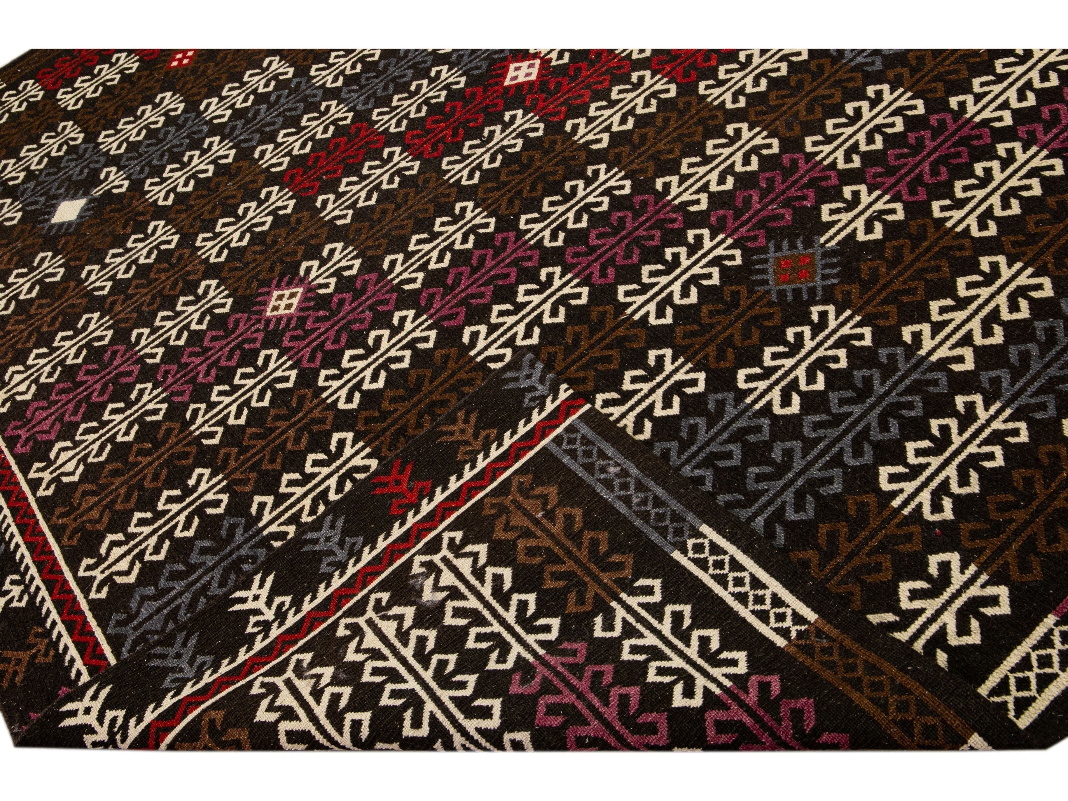 Modern Soumak Handmade Geometric Designed Brown Wool Rug