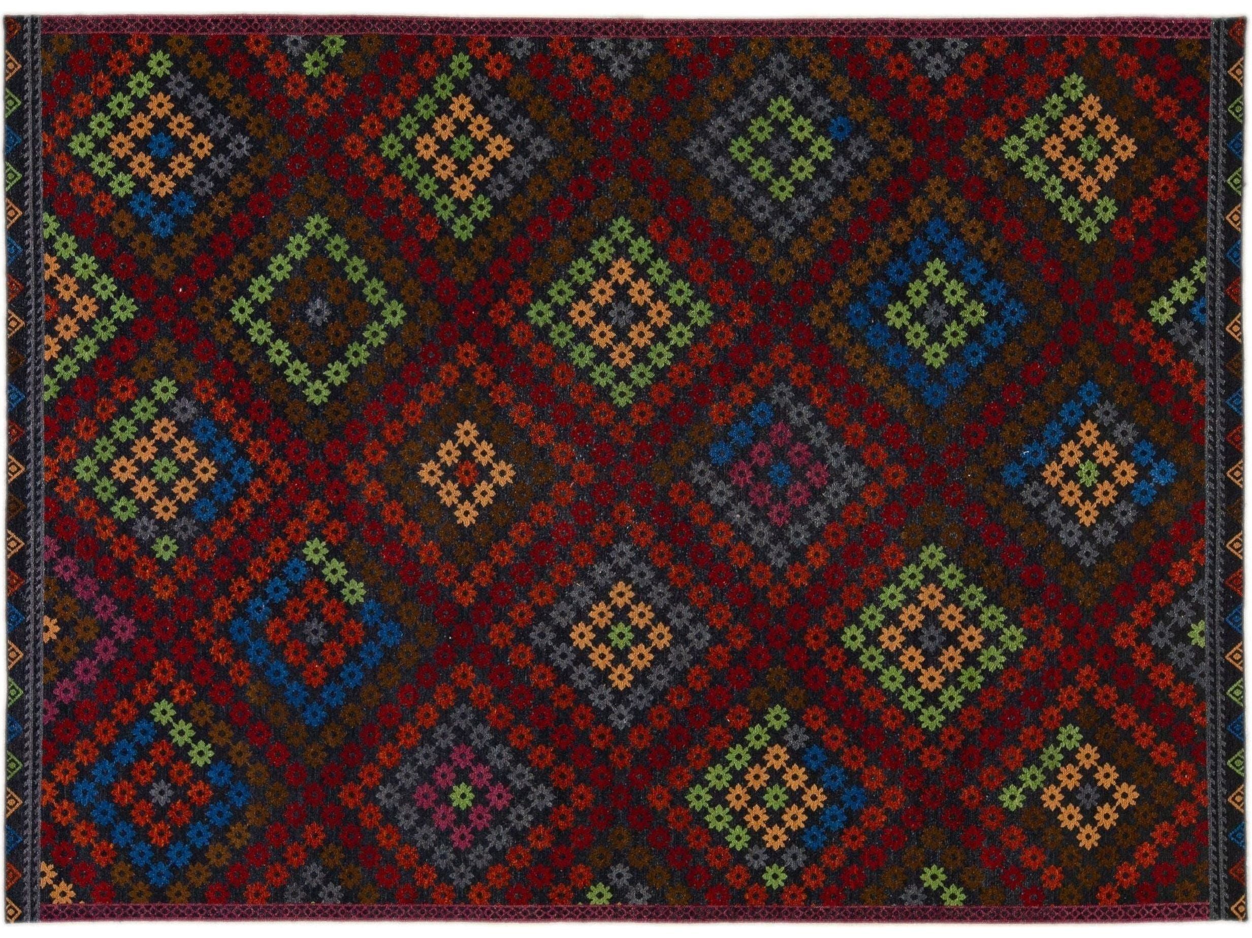 Multicolor Modern Soumak Handmade Geometric Designed Wool Rug