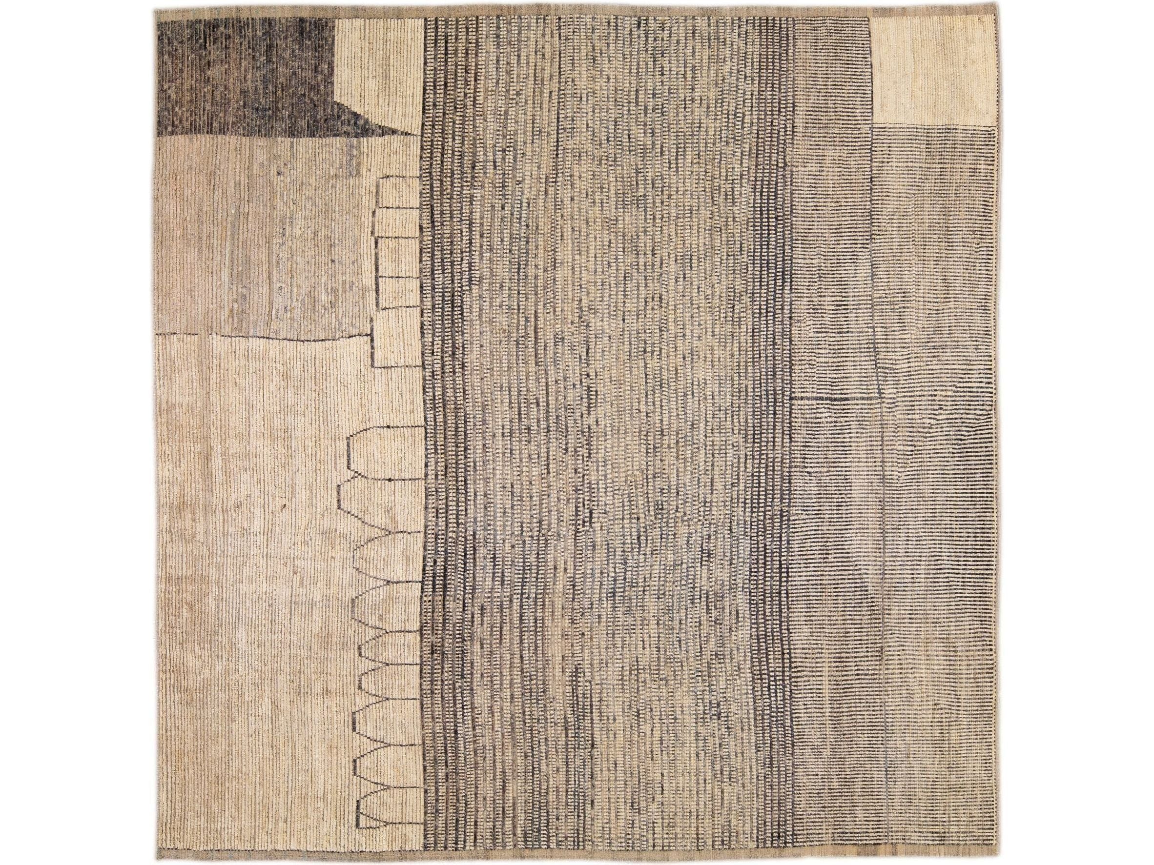 Modern Moroccan Bohemian Style Handmade Beige Square Wool Rug
