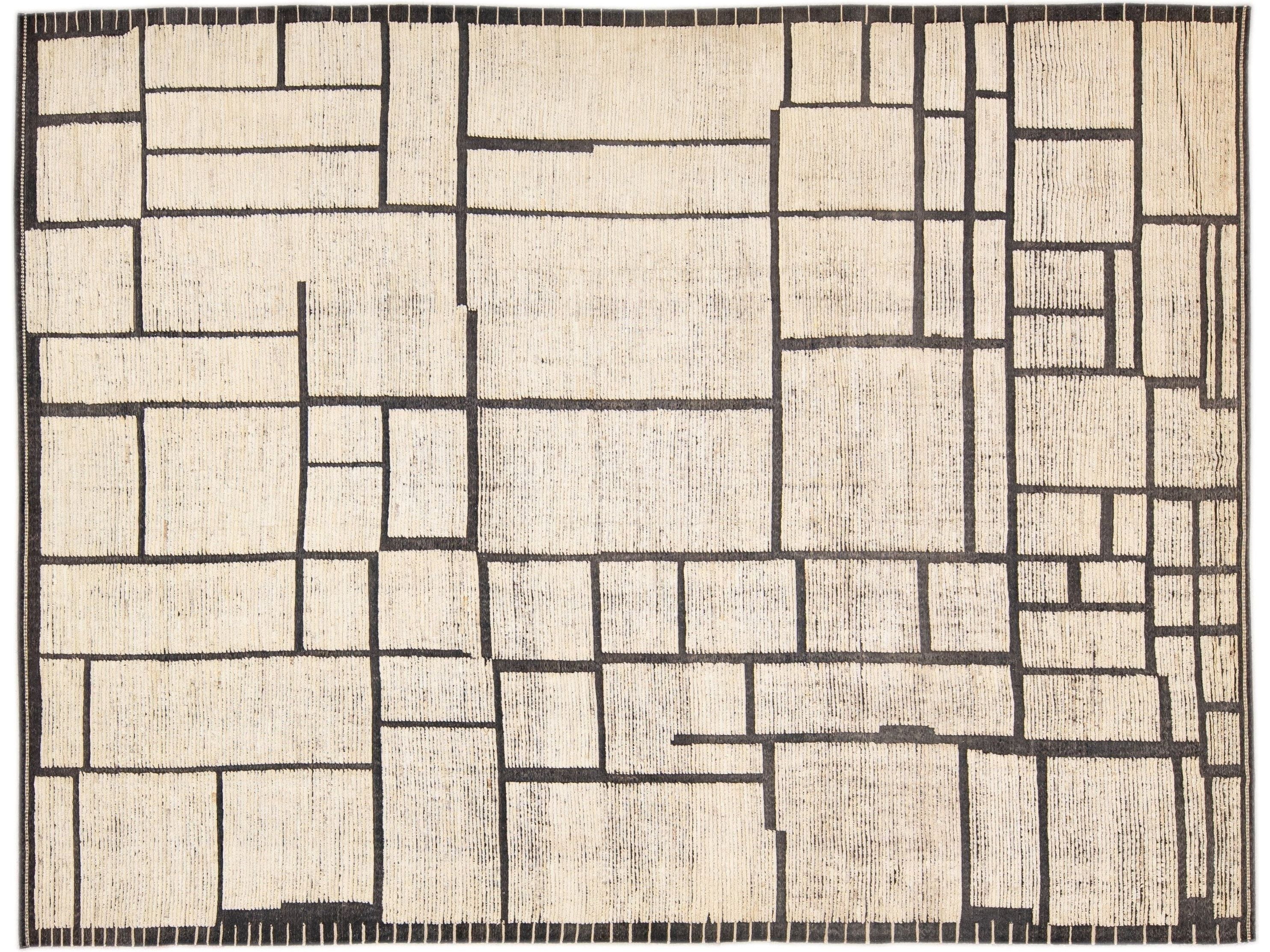 Modern Moroccan Style Beige Handmade Minimal Boho Oversize Wool Rug