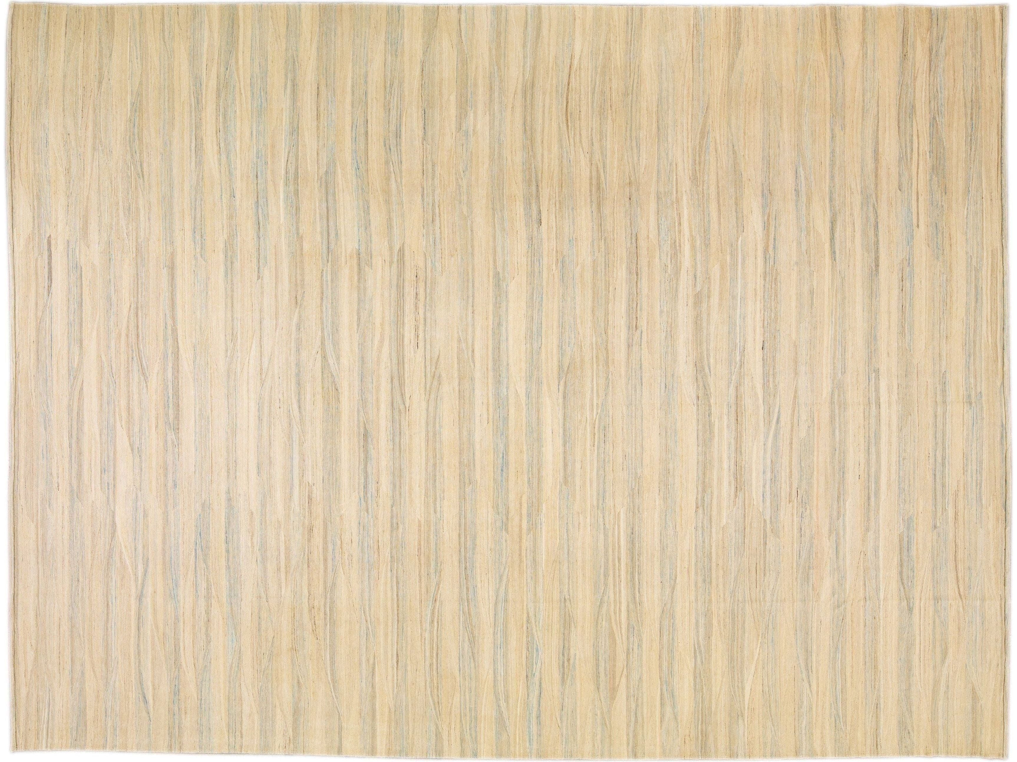Beige Modern Kilim Handmade Abstract Striped Motif Flatweave Oversize Wool Rug