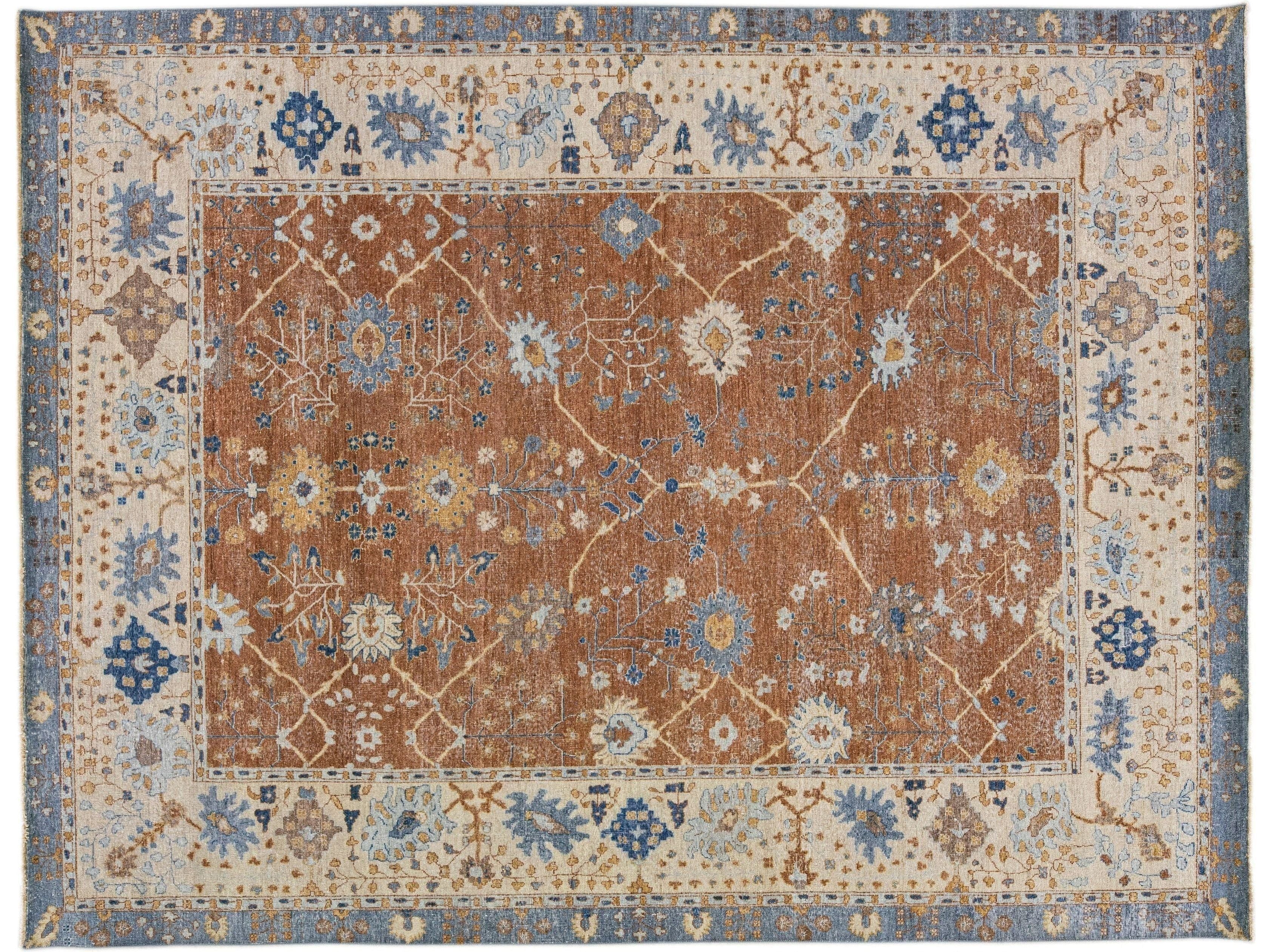 Apadana's Artisan Collection Brown Handmade Floral Pattern Wool Rug