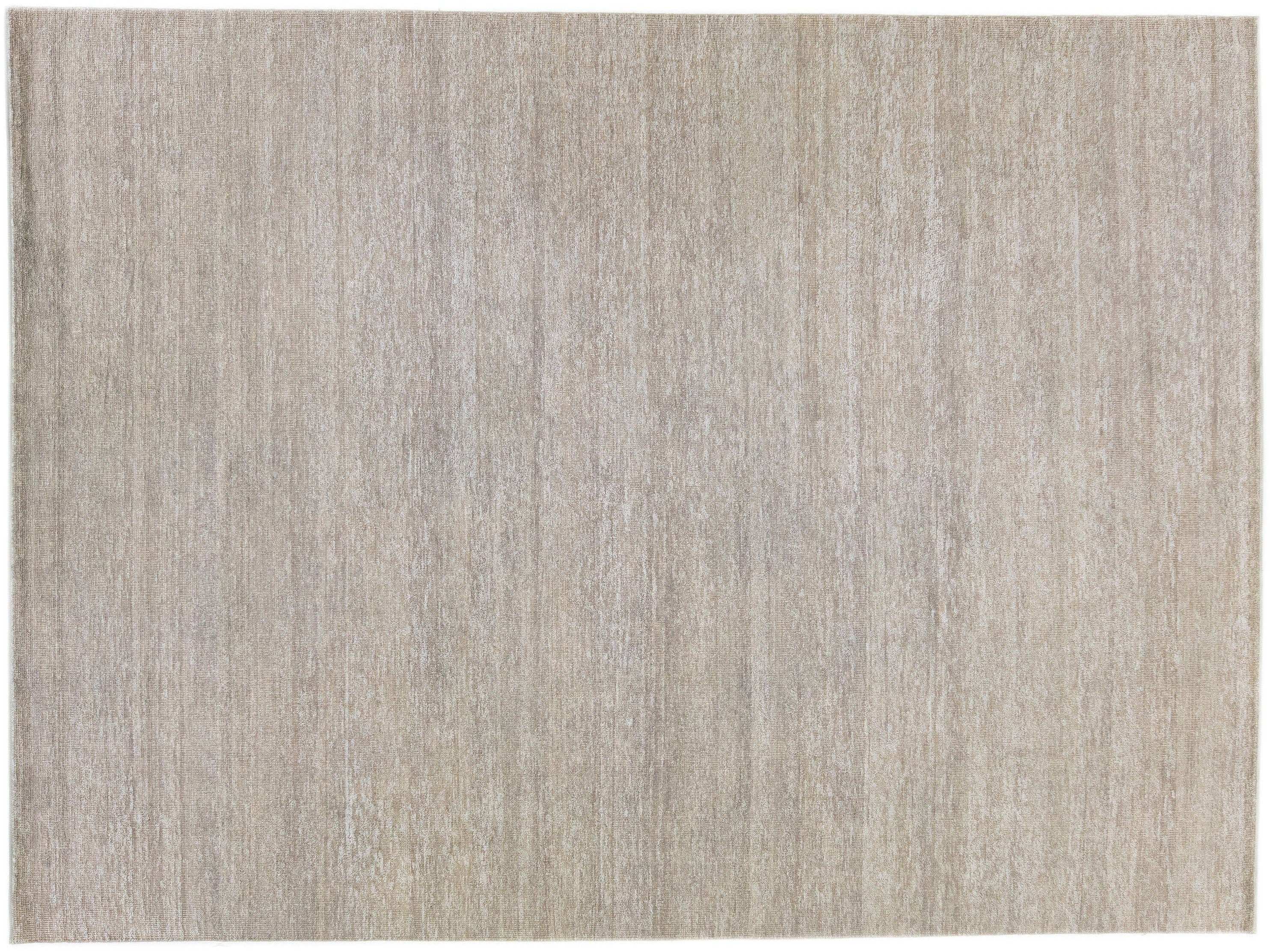 Contemporary Handmade Beige Designed Wool & Silk Rug