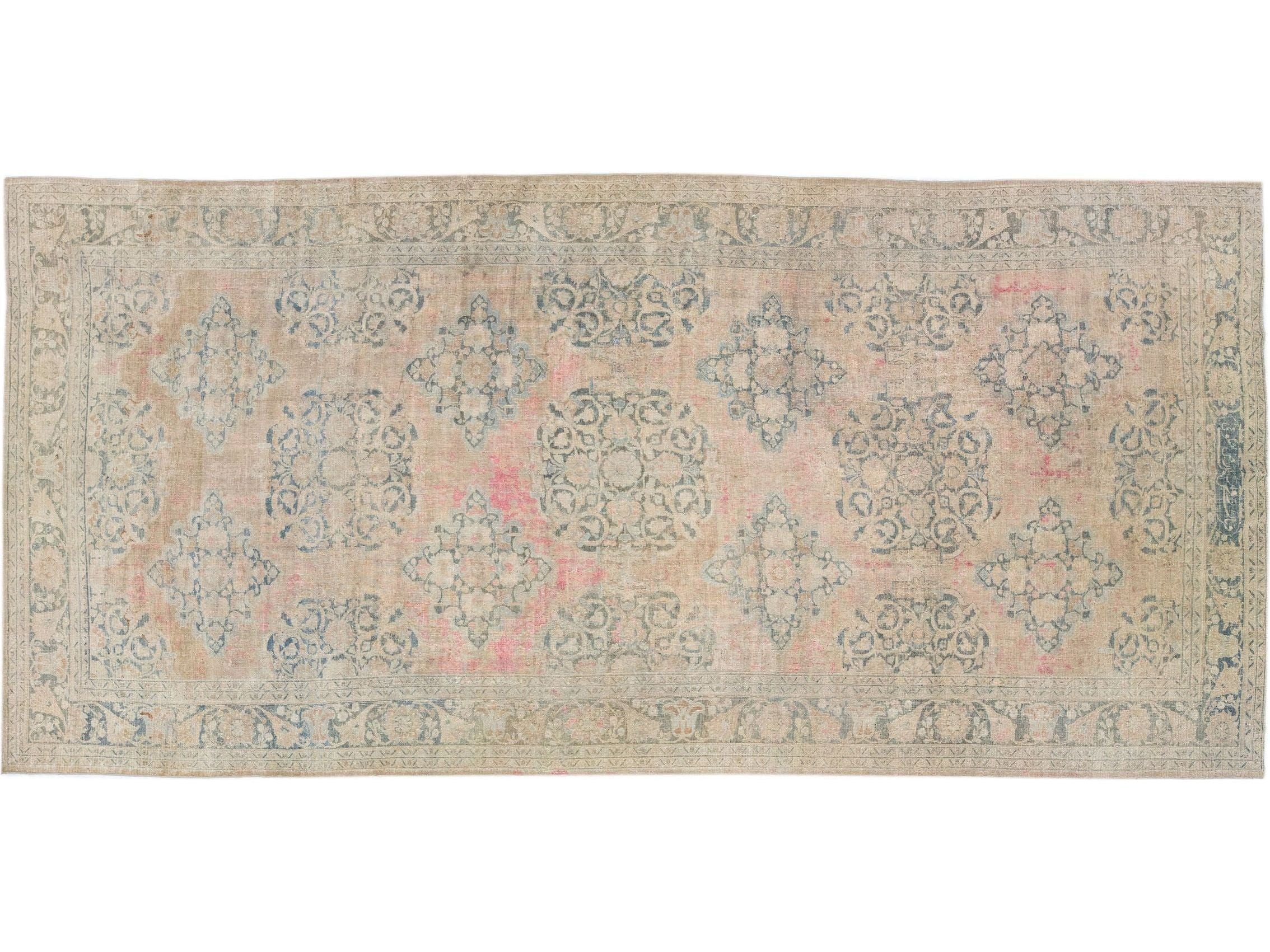 Antique Persian Doroksh Handmade Beige & Pink Wool Rug with Floral Pattern