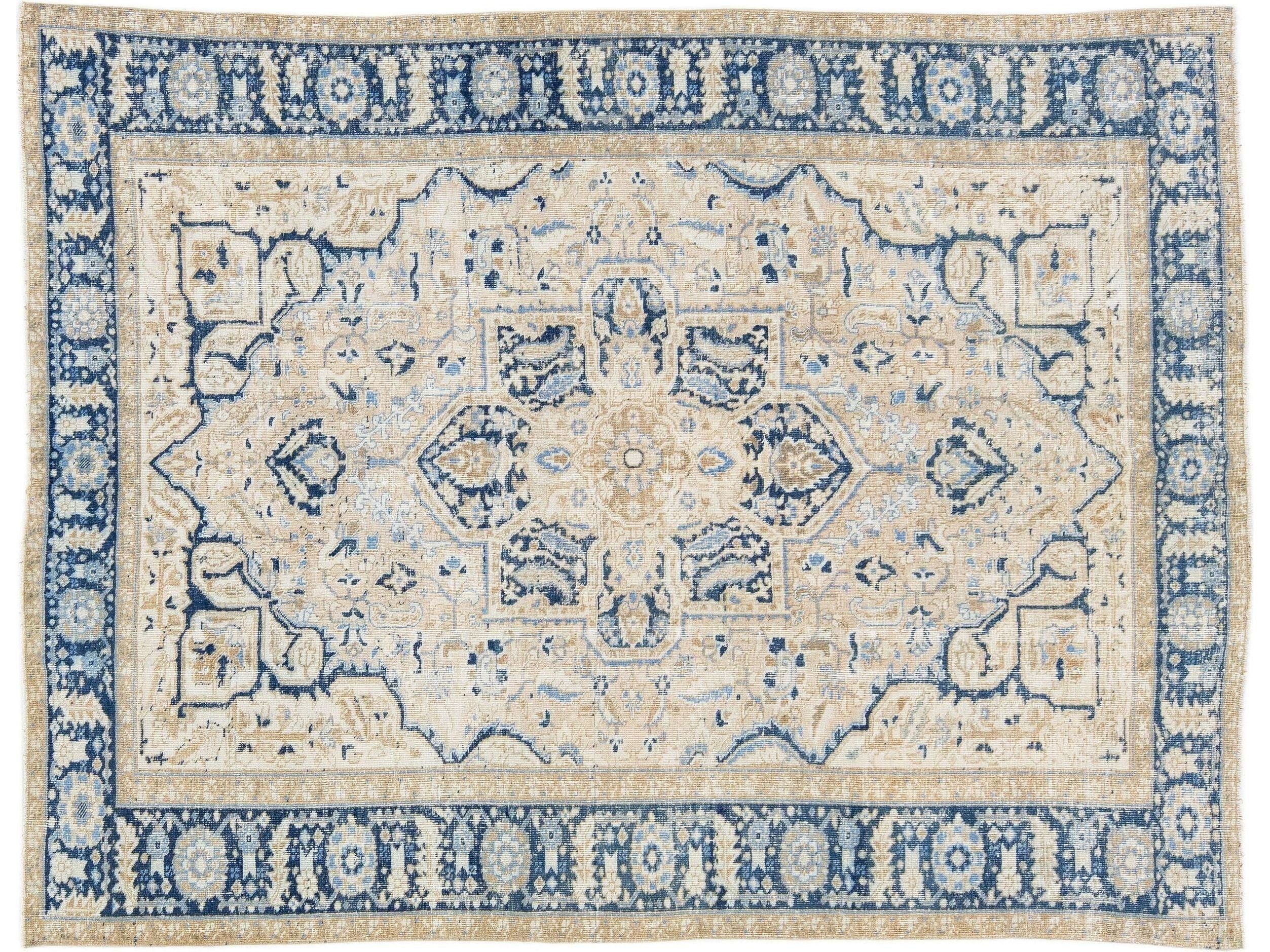 Antique Persian Heriz Beige Handmade Wool Rug with Medallion Design