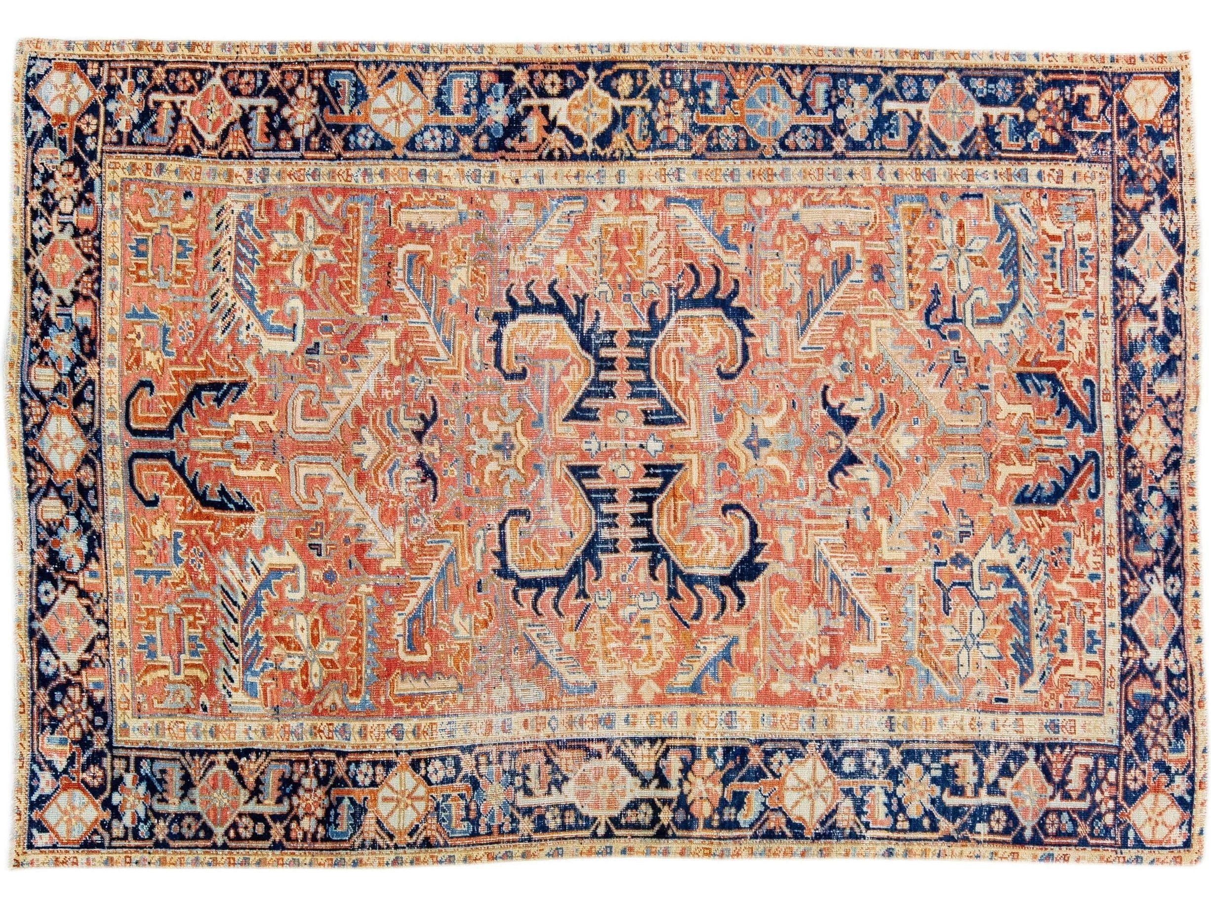 Rust Antique Persian Heriz Handmade Geometric Motif Wool Rug