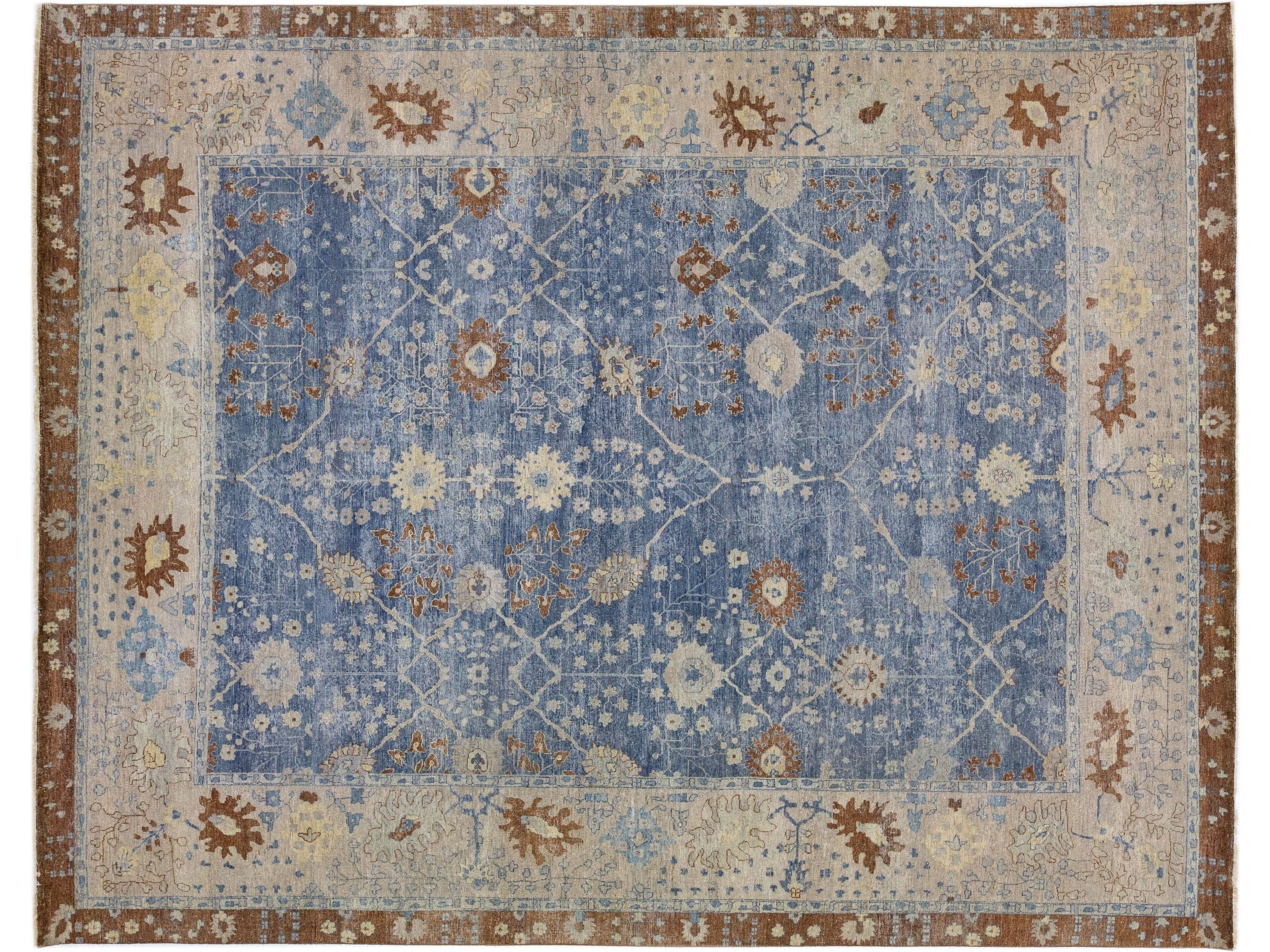 Apadana's Artisan Collection Blue & Brown Handmade Floral Indian Wool Rug
