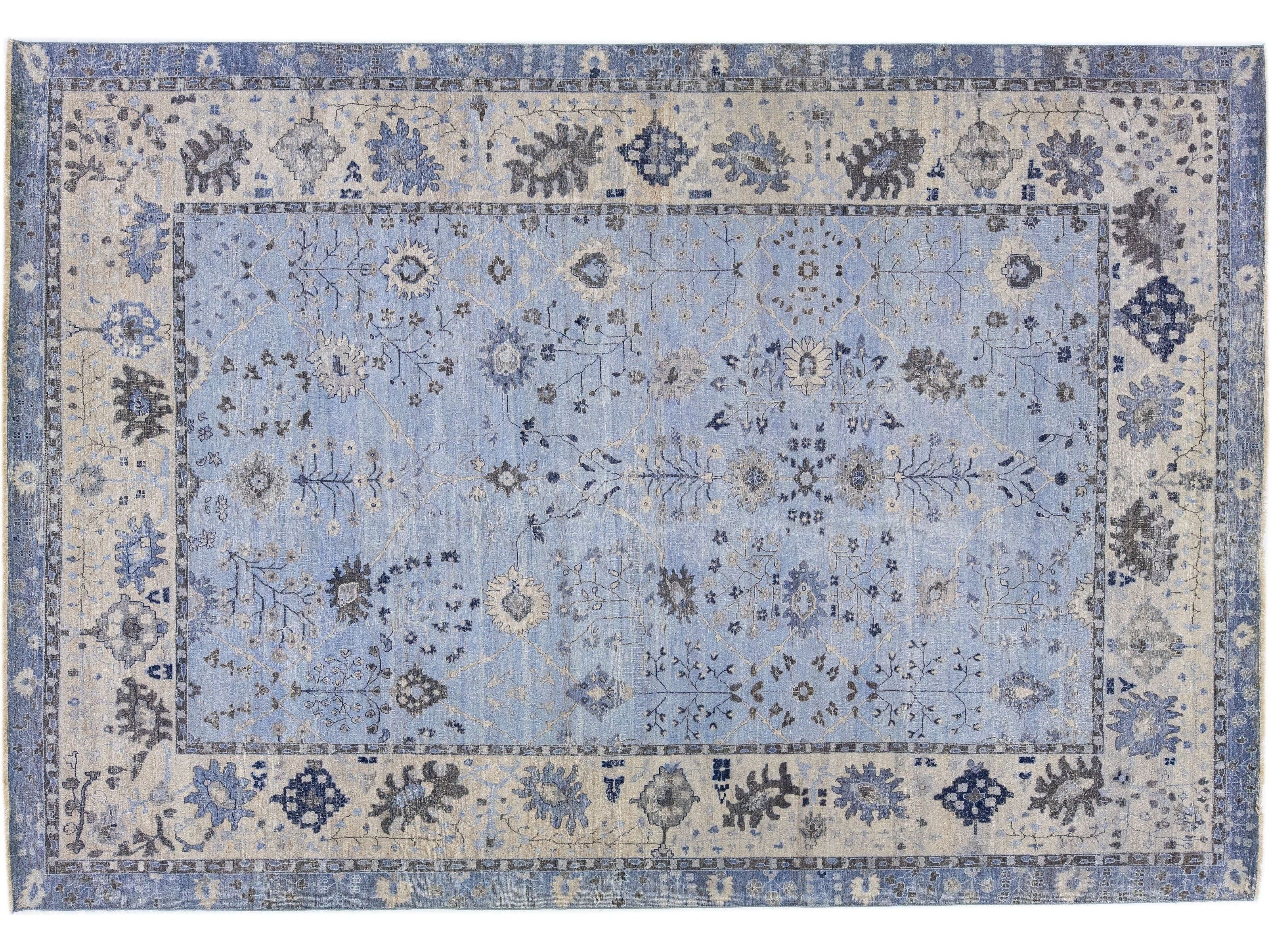 Apadana's Artisan Collection Light Blue Handmade Floral Indian Wool Rug