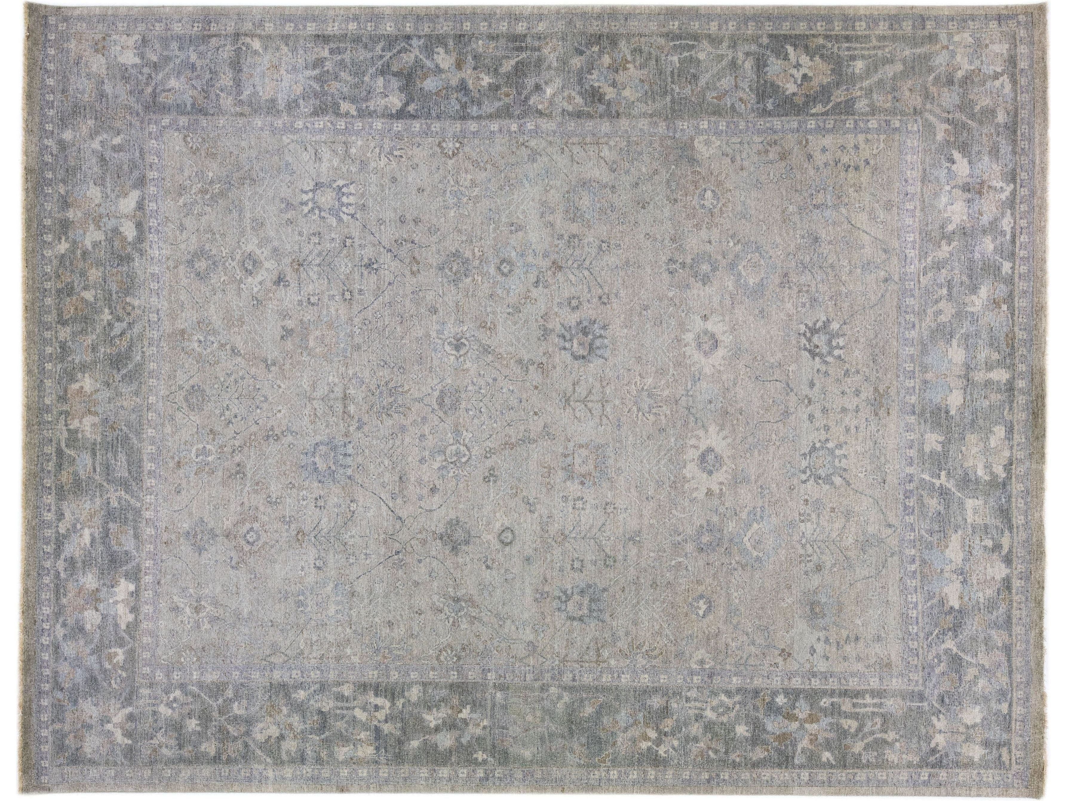 Apadana's Artisan Collection Light Gray Handmade Floral Indian Wool Rug