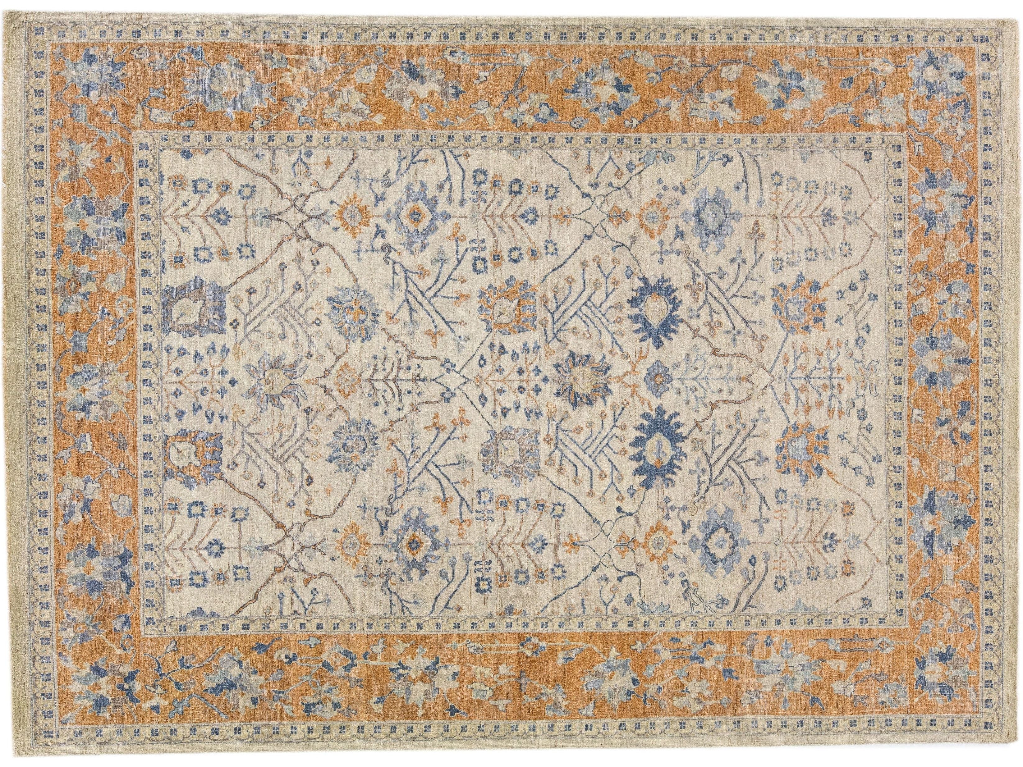 Apadana's Artisan Collection Handmade Floral Designed Beige and Orange Wool Rug