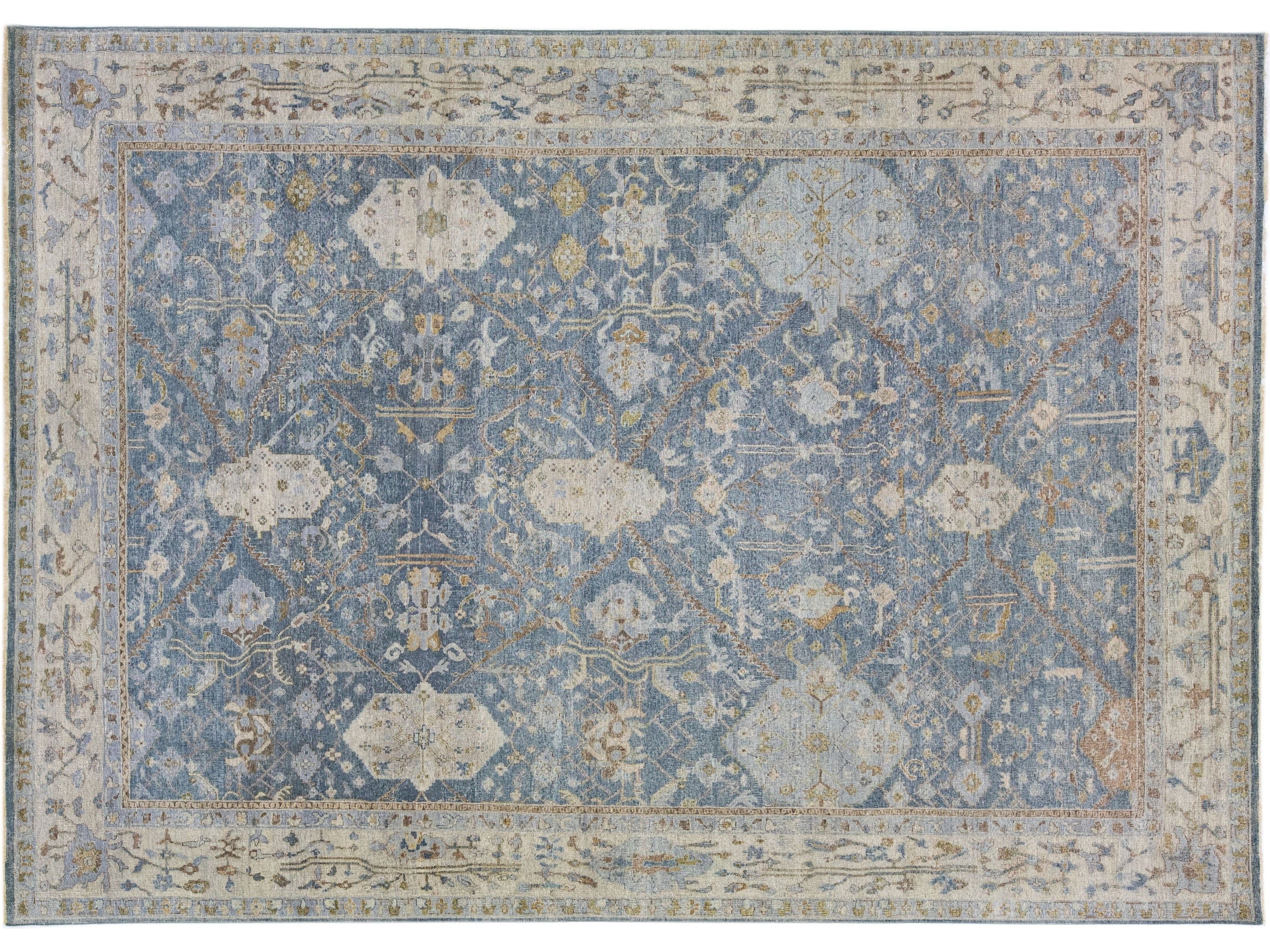 Apadana's Persian Tabriz Style Handmade Blue Allover Motif Wool Rug