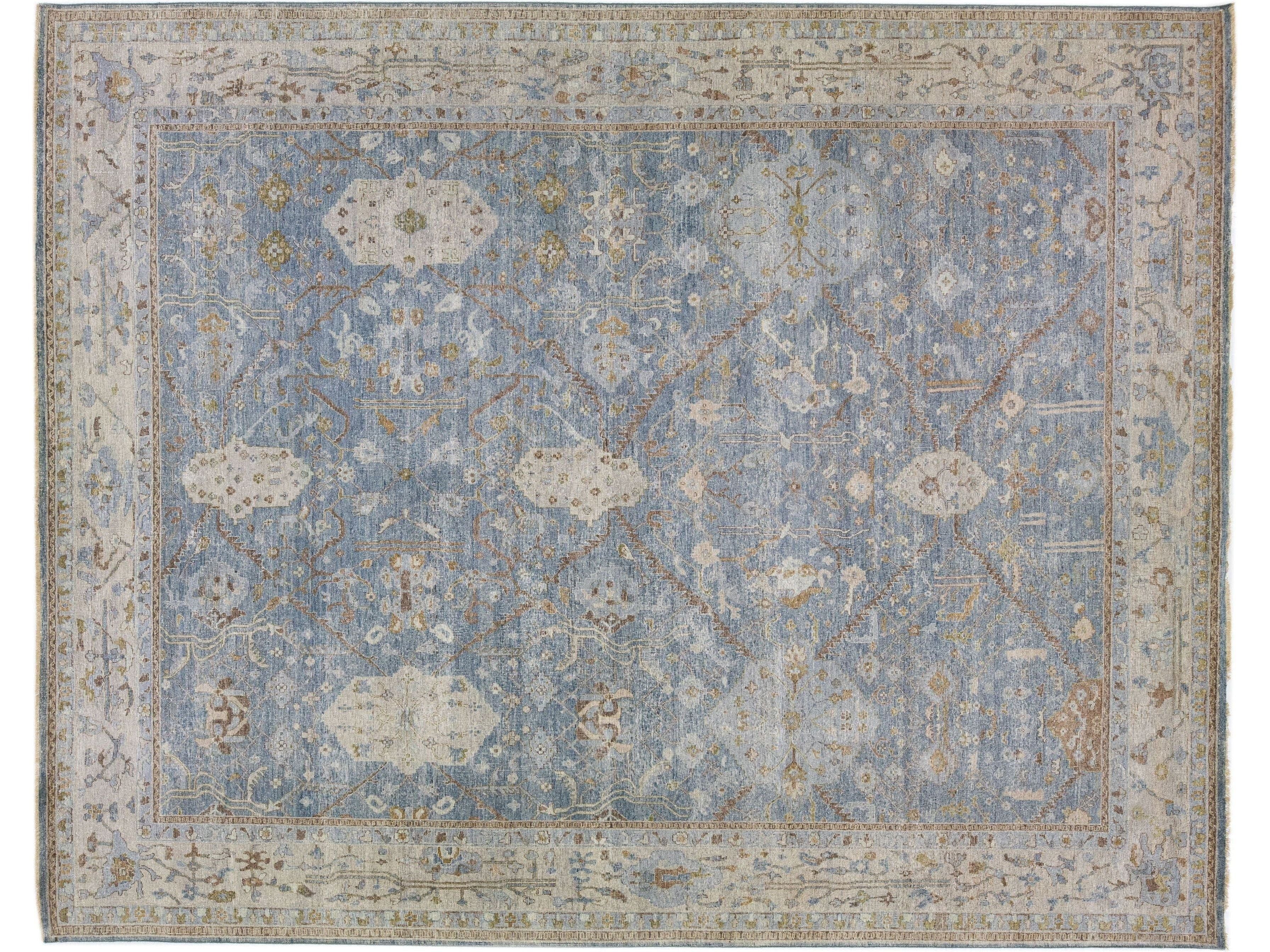 Apadana's Persian Tabriz Style Handmade Floral Blue Wool Rug
