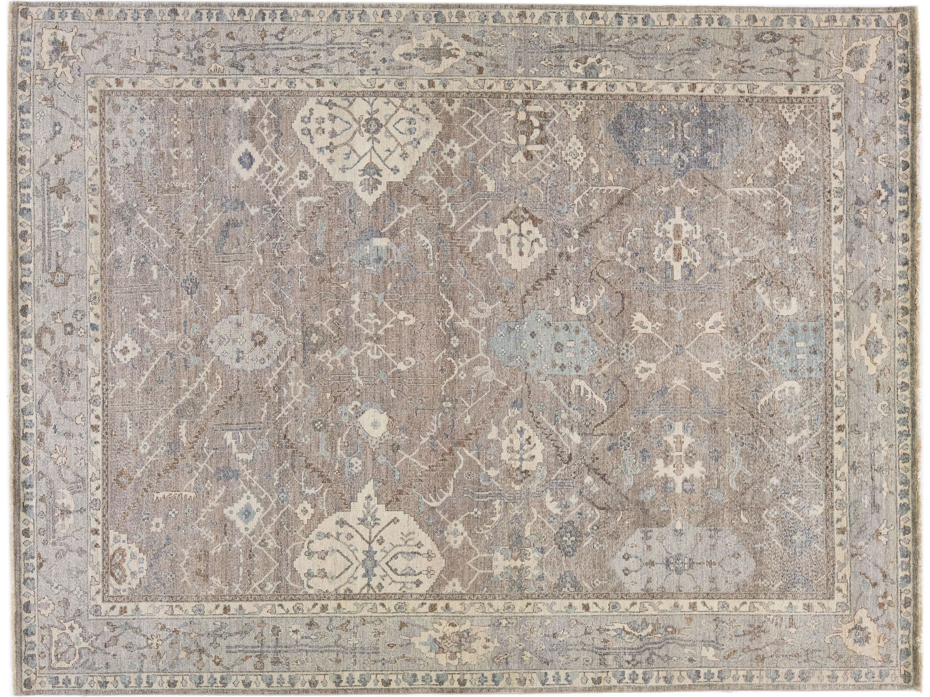 Apadana's Persian Tabriz Style Brown Handmade Floral Pattern Wool Rug