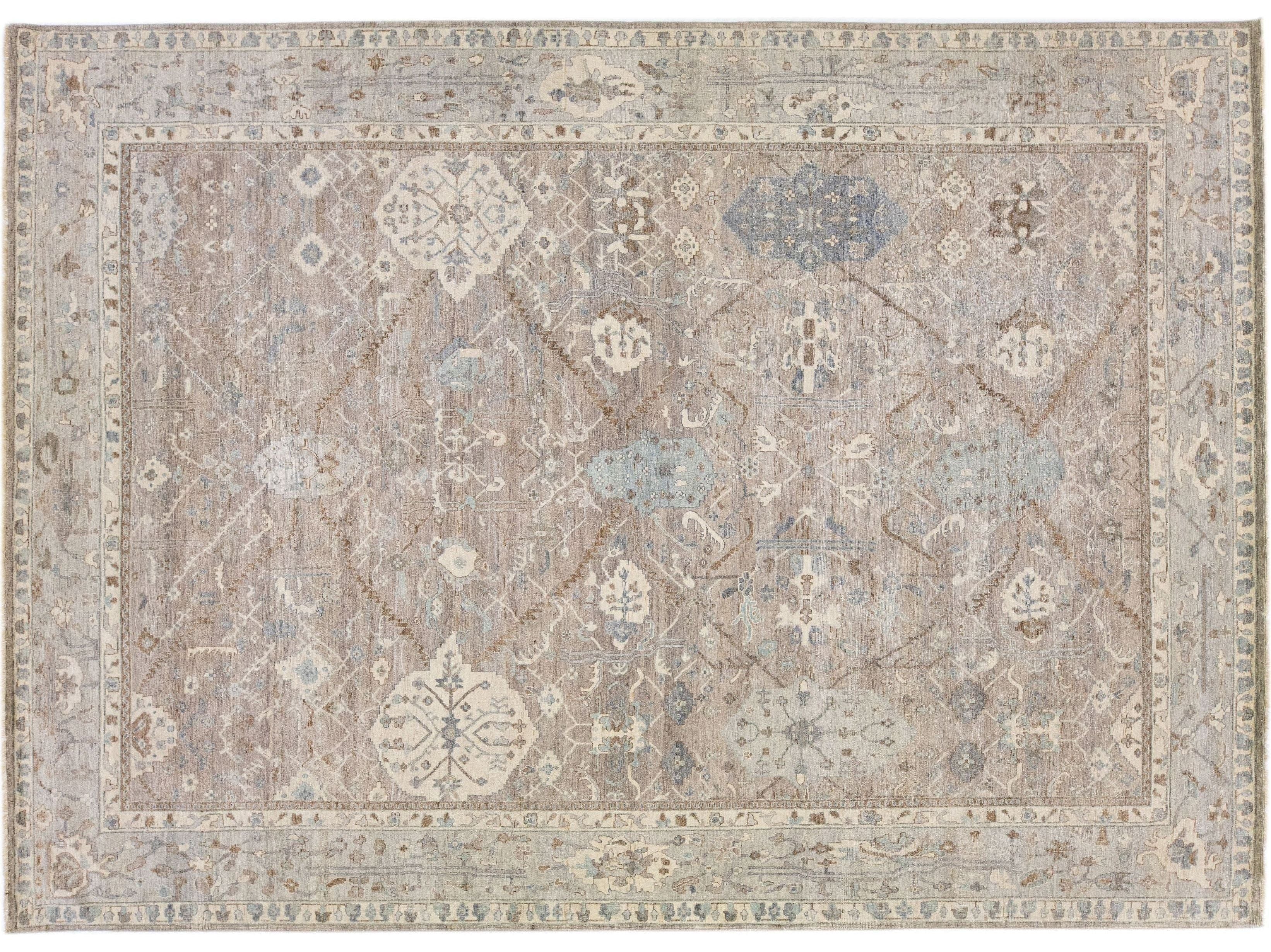  Apadana's Persian Tabriz Style Handmade Brown Wool Rug With Allover Motif