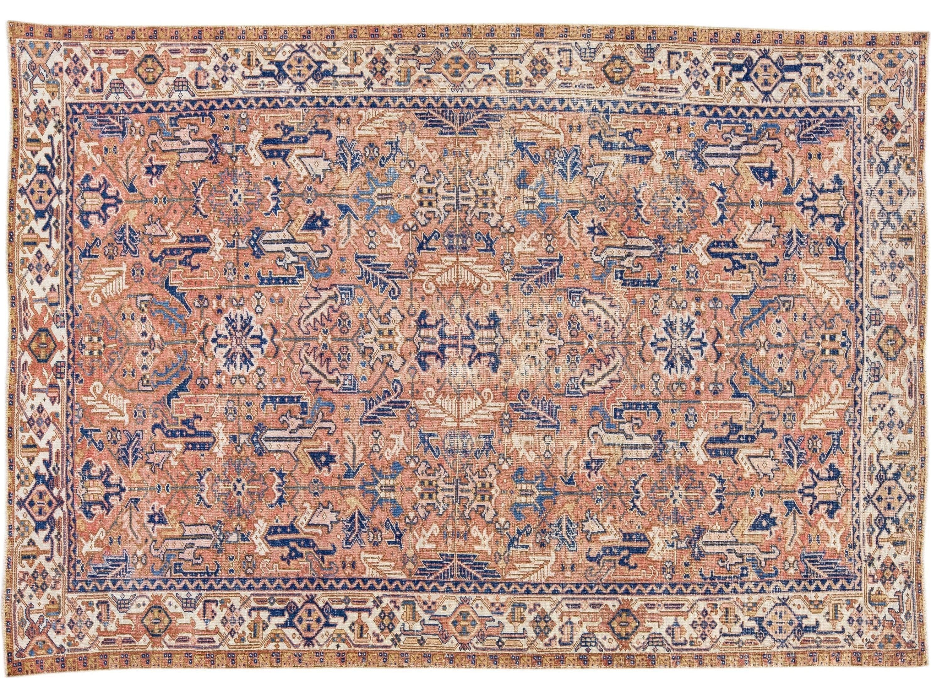 Peach Antique Persian Heriz Handmade Allover Pattern Wool Rug