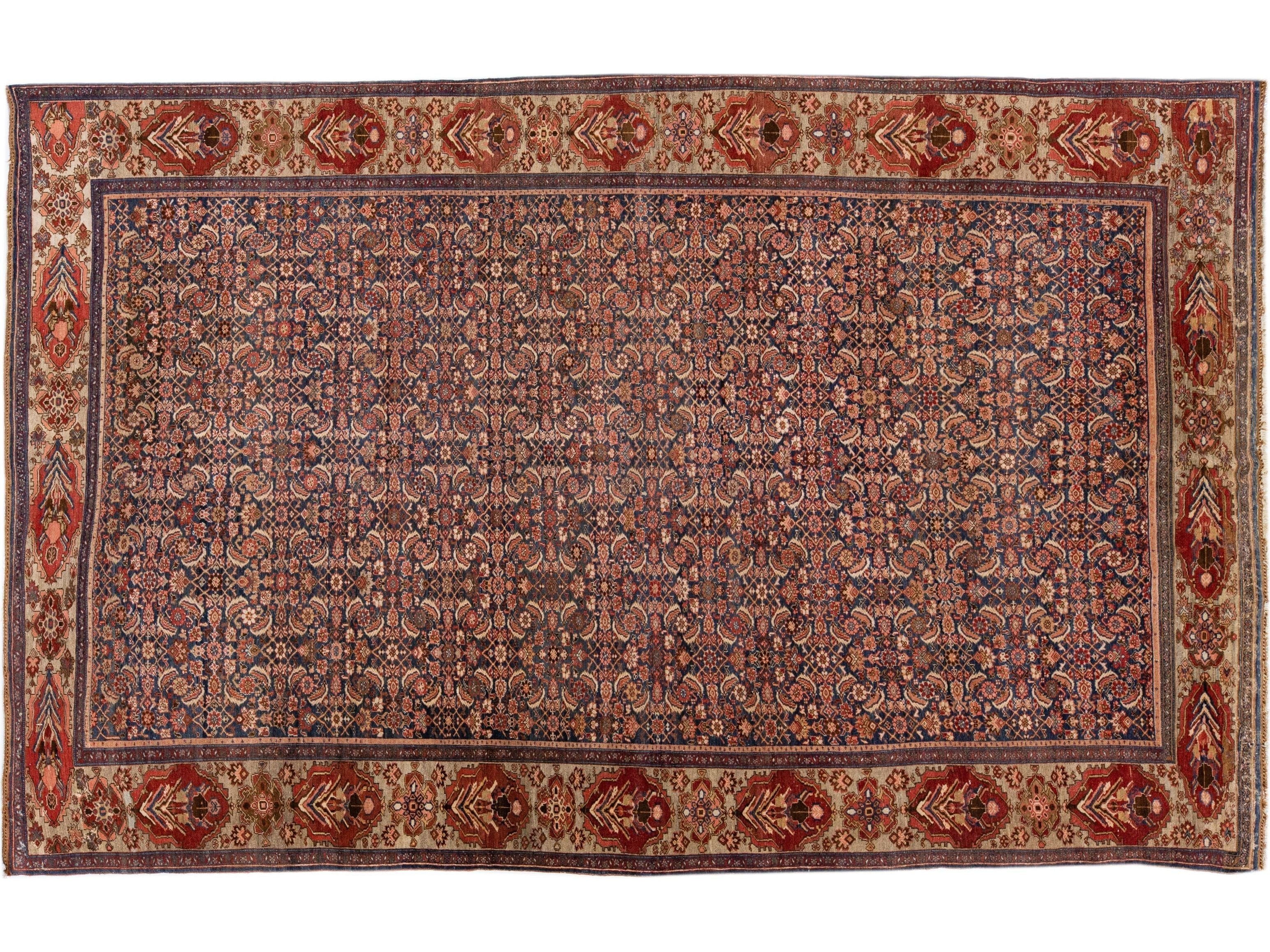 Allover Handmade Antique Bidjar Wool Rug With Blue & Rust Color Field