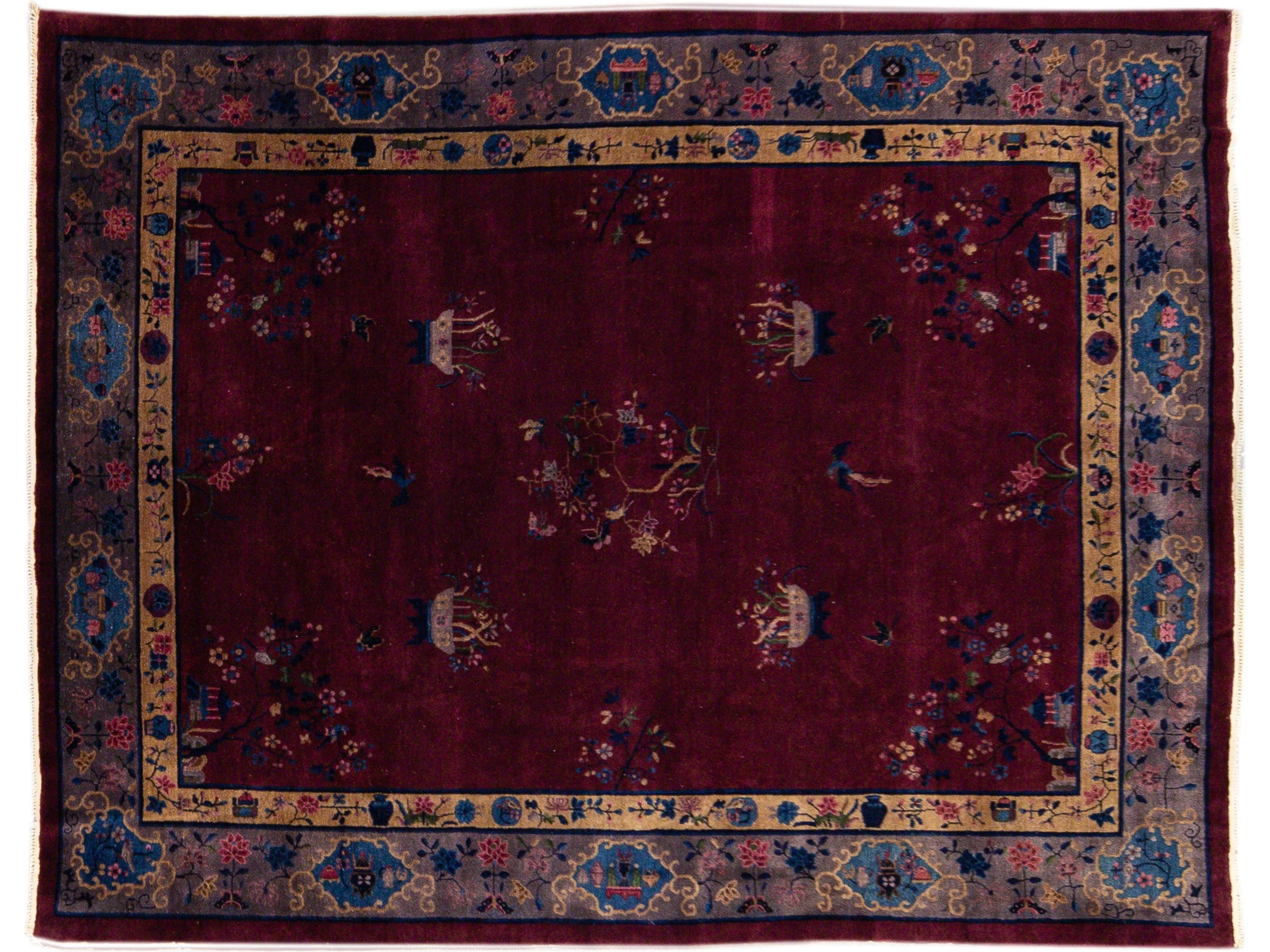 Antique Peking Handmade Chinese Floral Designed Burgundy Wool Rug