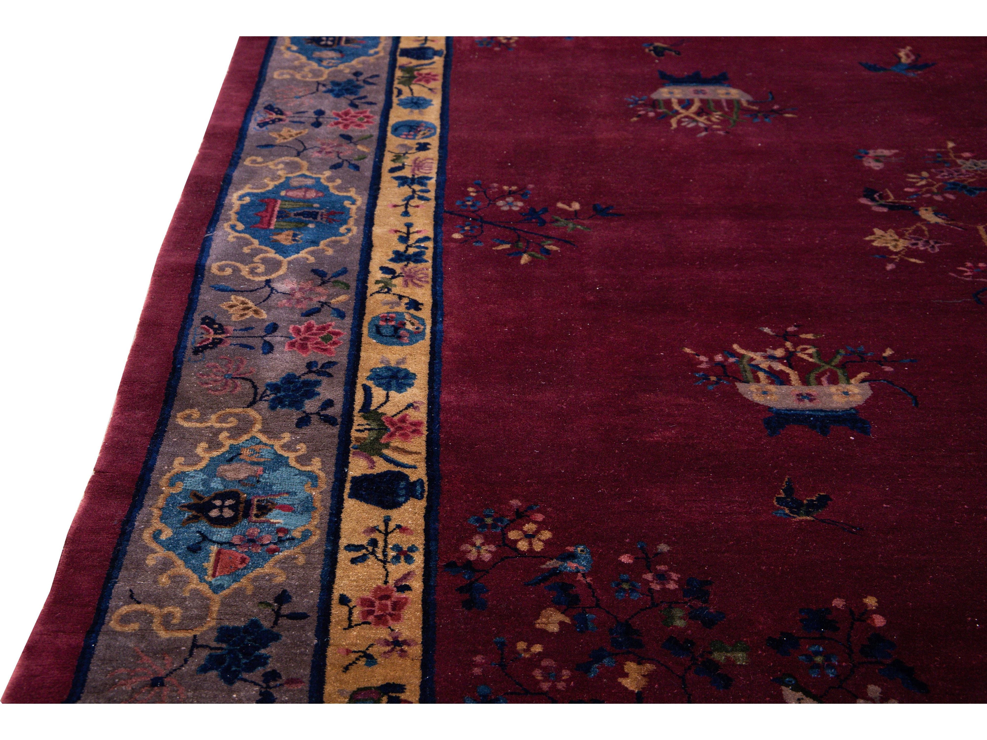 Antique Peking Handmade Chinese Floral Designed Burgundy Wool Rug