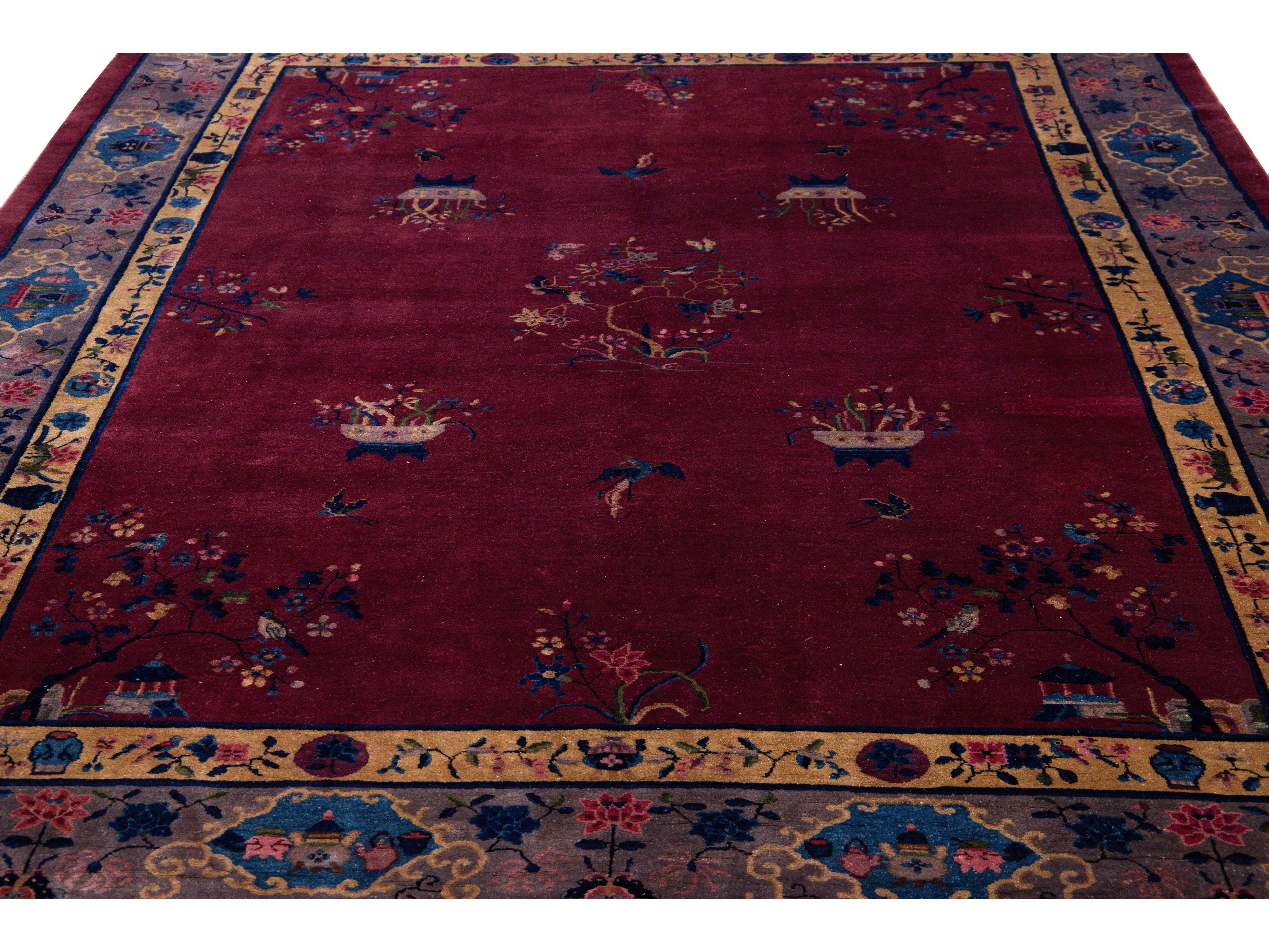 Antique Peking Handmade Chinese Floral Designed Burgundy Wool Rug