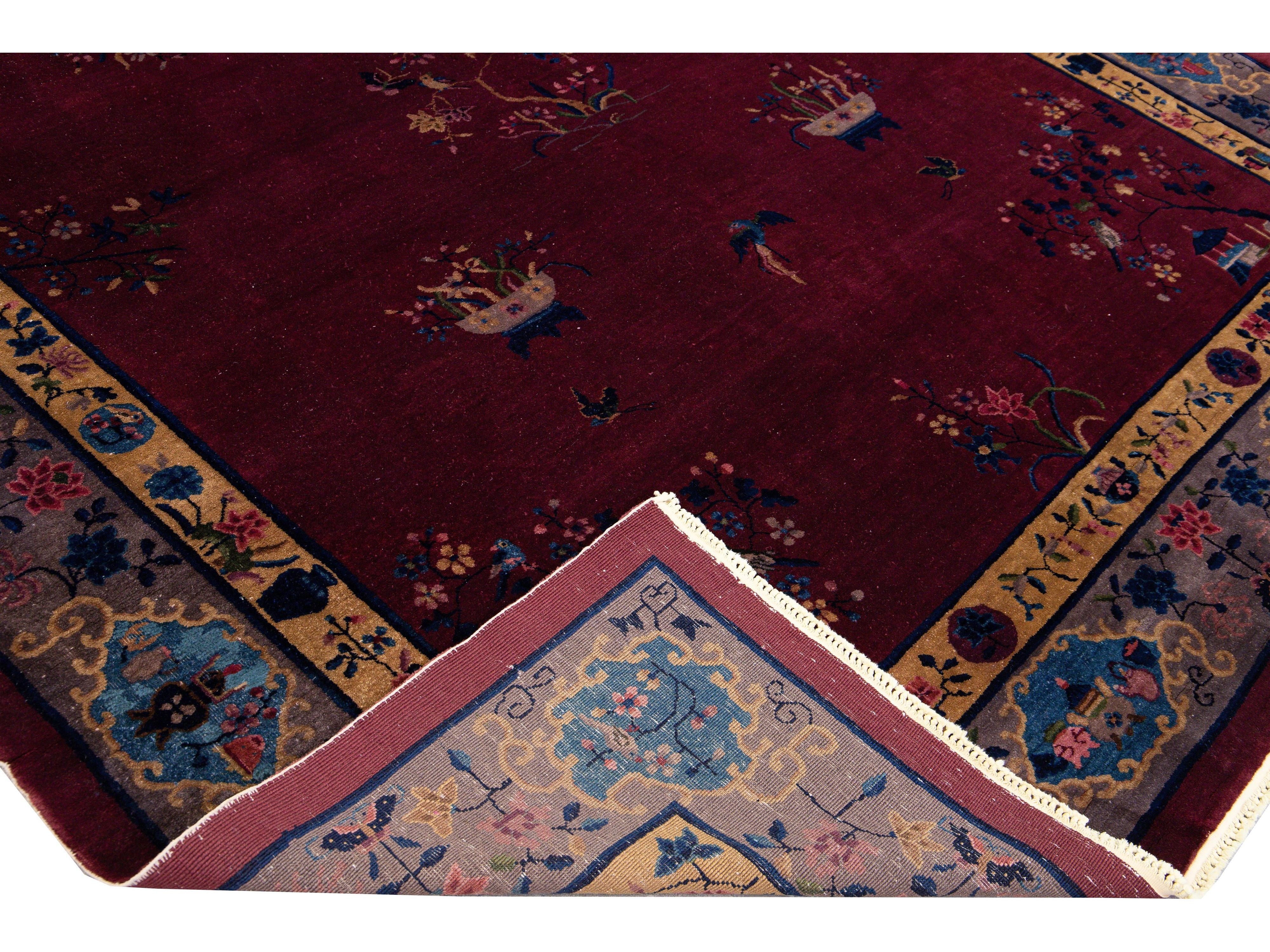 Antique Peking Handmade Chinese Floral Designed Burgundy Wool Rug