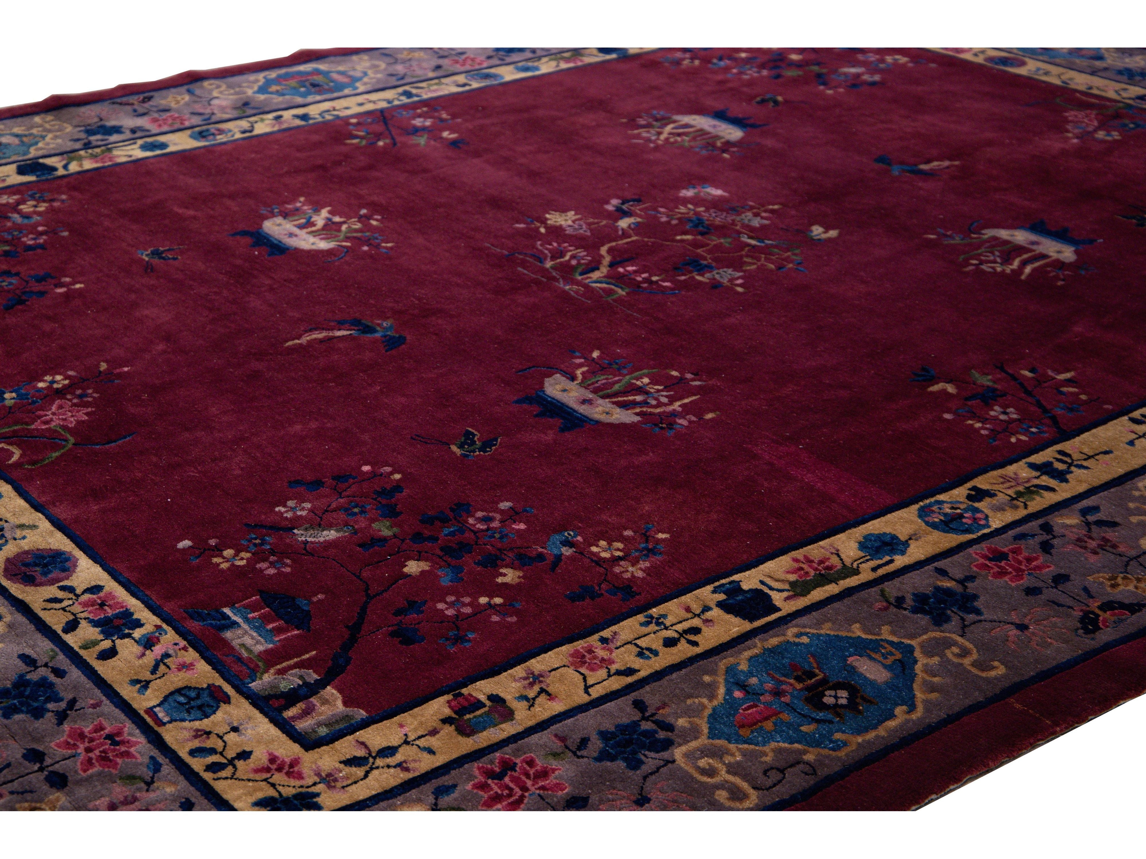 Antique Peking Handmade Chinese Floral Designed Burgundy Wool Rug