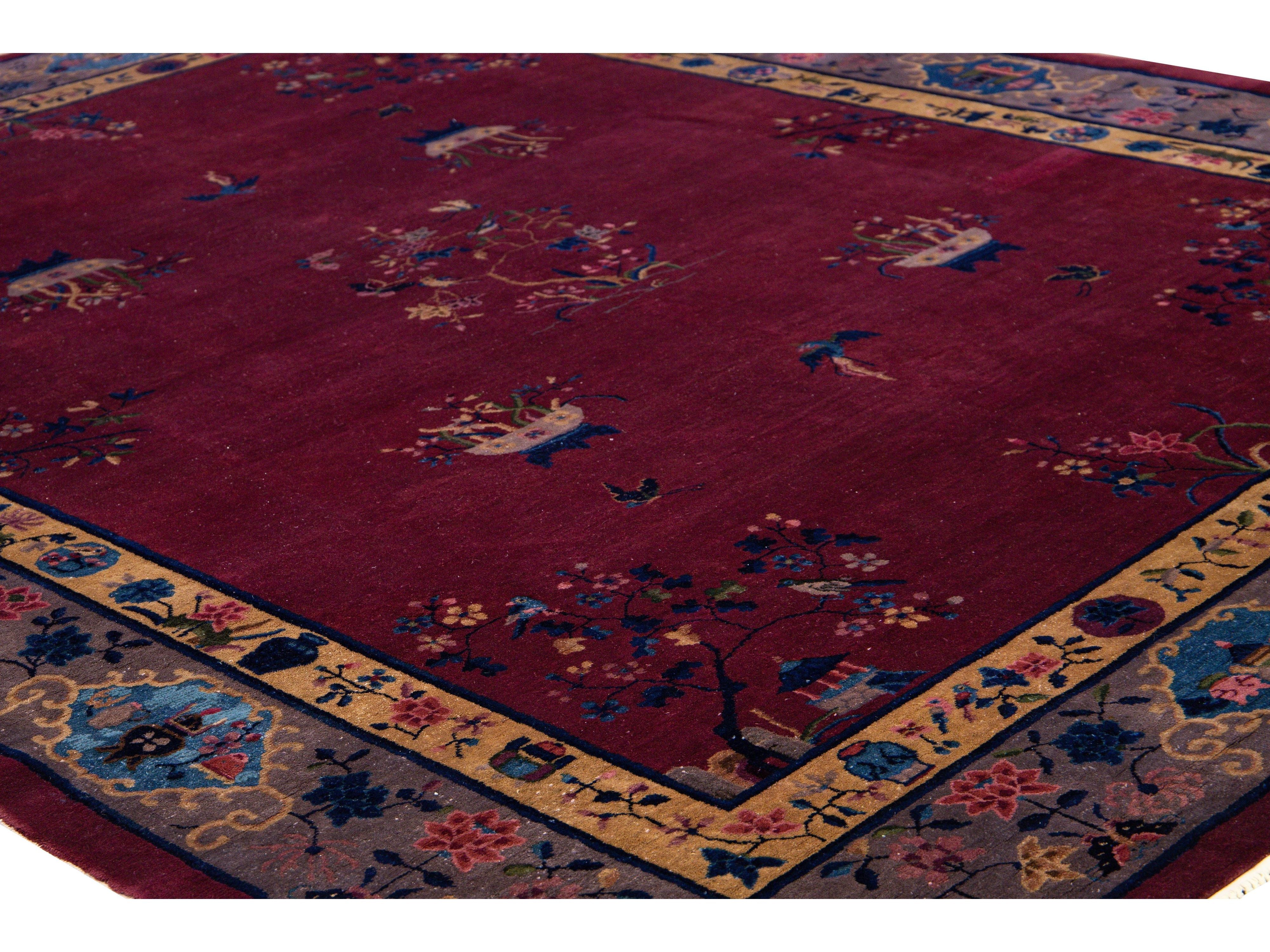 Antique Peking Handmade Chinese Floral Designed Burgundy Wool Rug