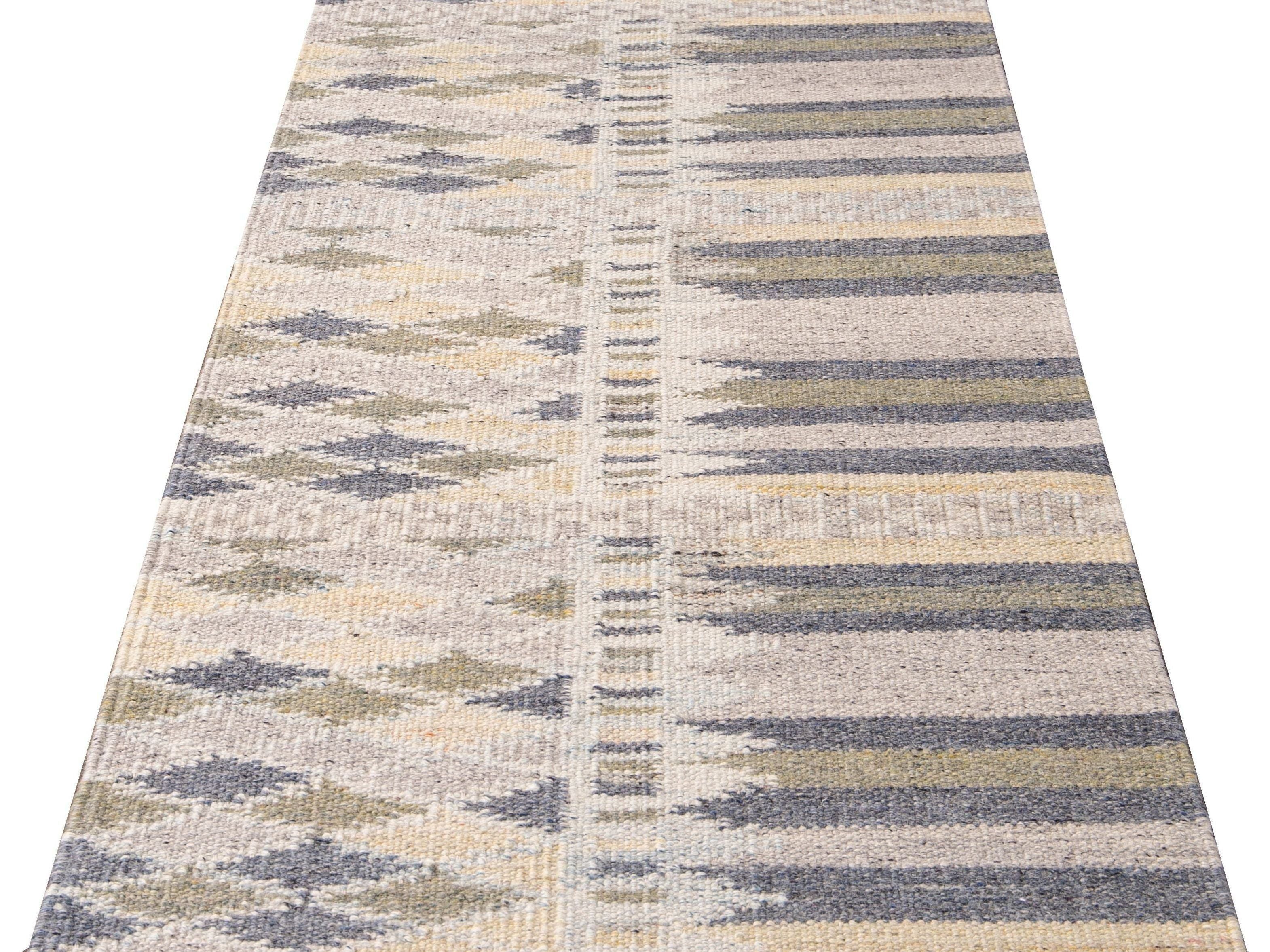Modern Swedish Style Beige Handmade Geometric Abstract Long Wool Runner