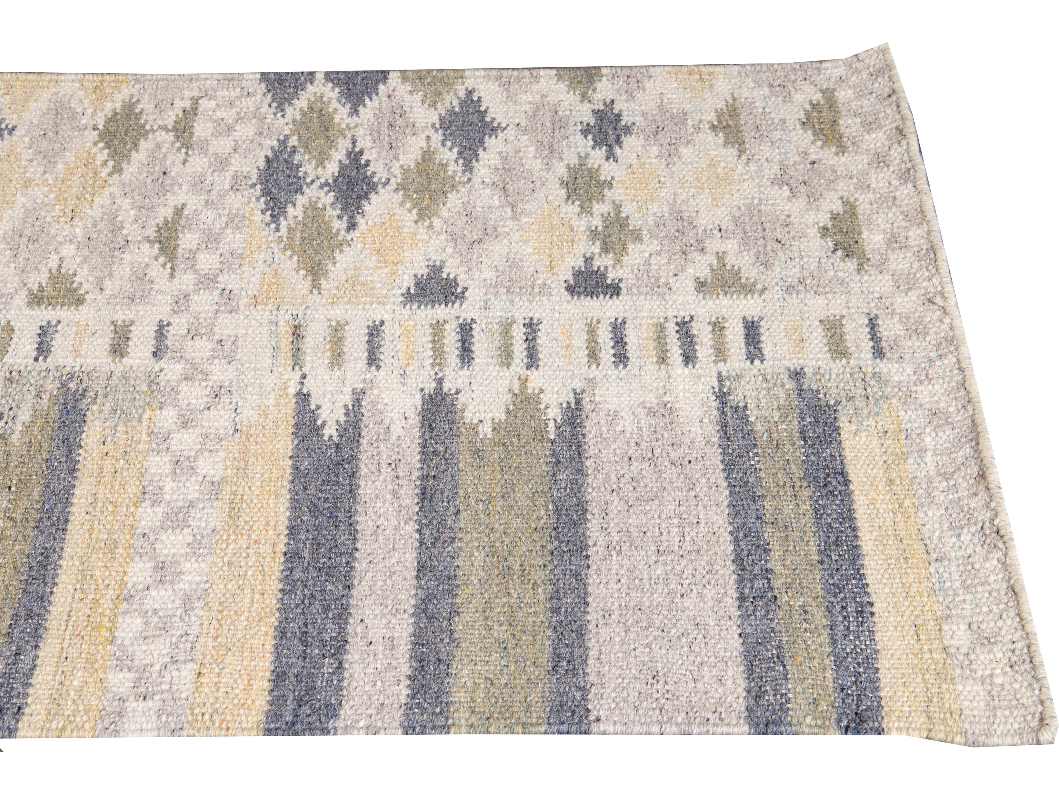 Modern Swedish Style Beige Handmade Geometric Abstract Long Wool Runner