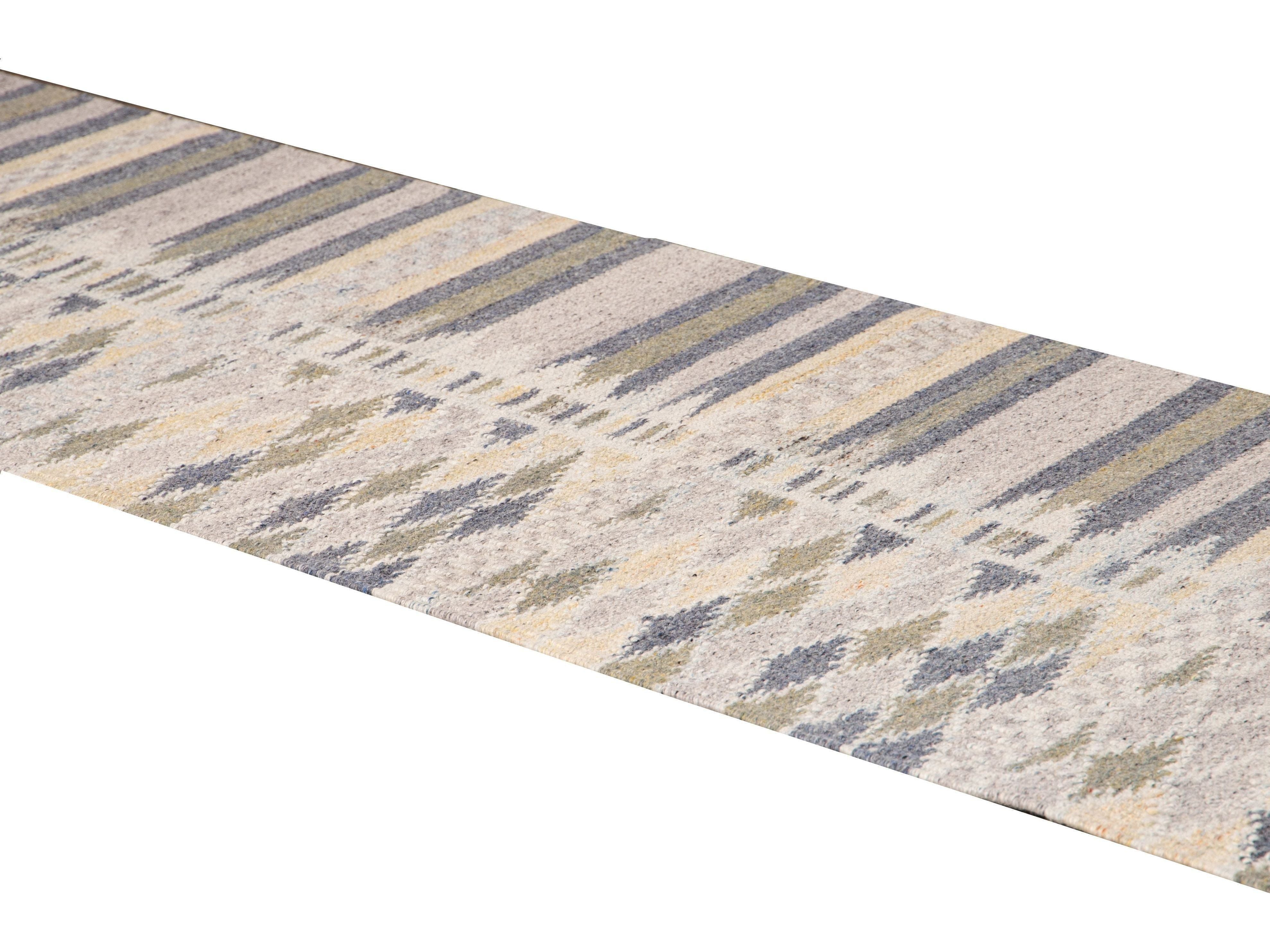 Modern Swedish Style Beige Handmade Geometric Abstract Long Wool Runner