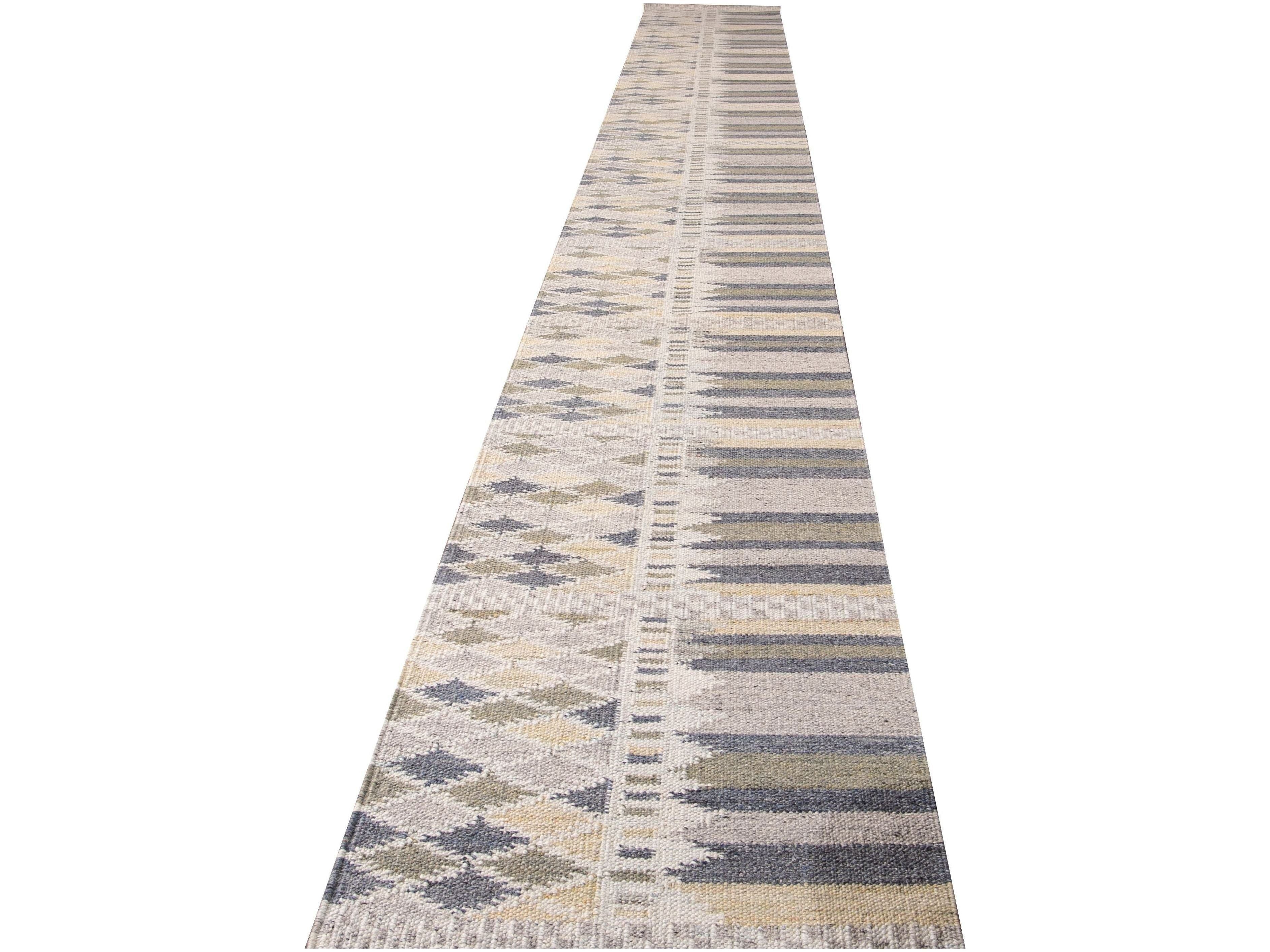 Modern Swedish Style Beige Handmade Geometric Abstract Long Wool Runner