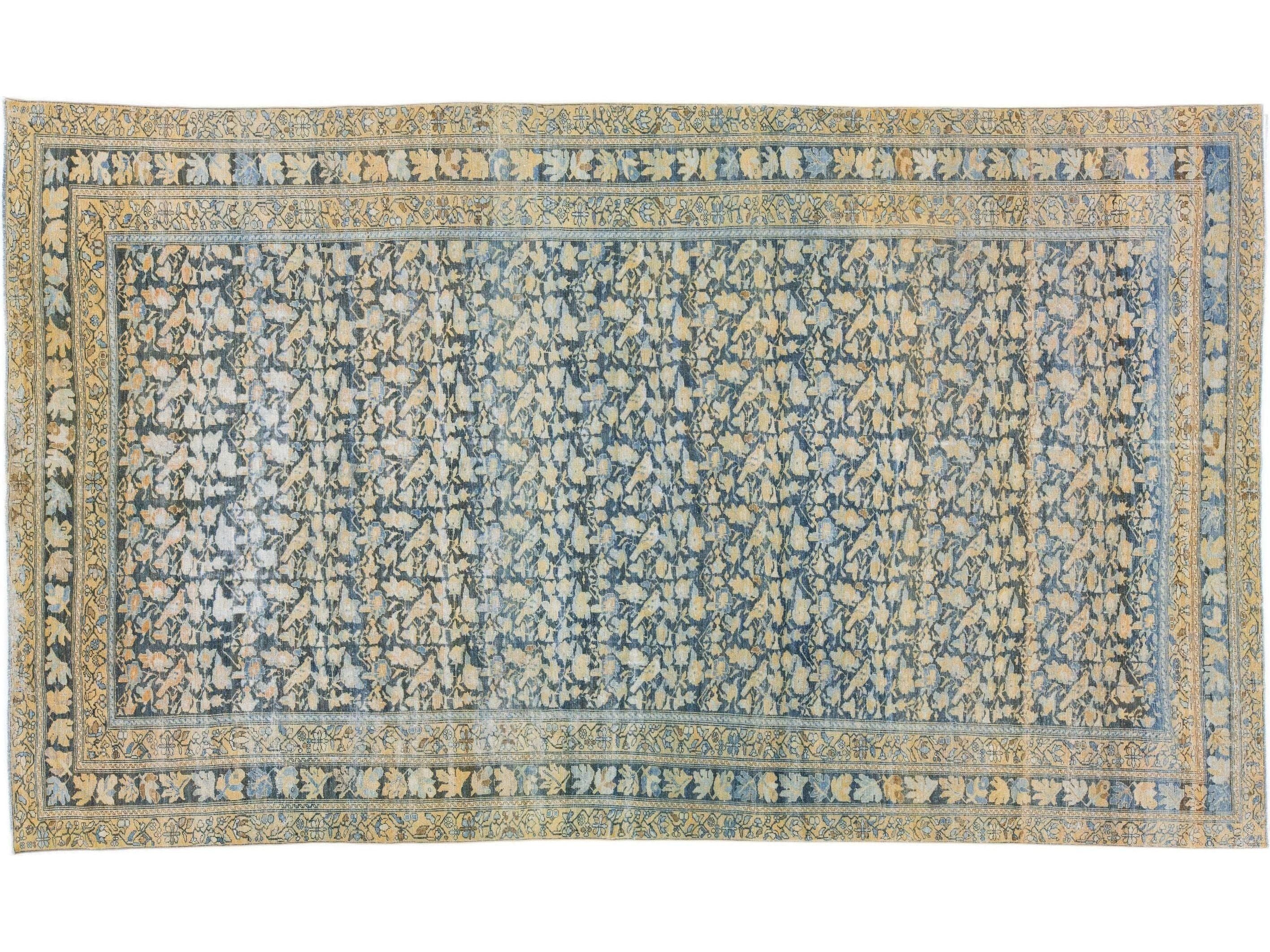 Antique Sarouk Farahan Persian Blue Handmade Floral Motif Wool Rug