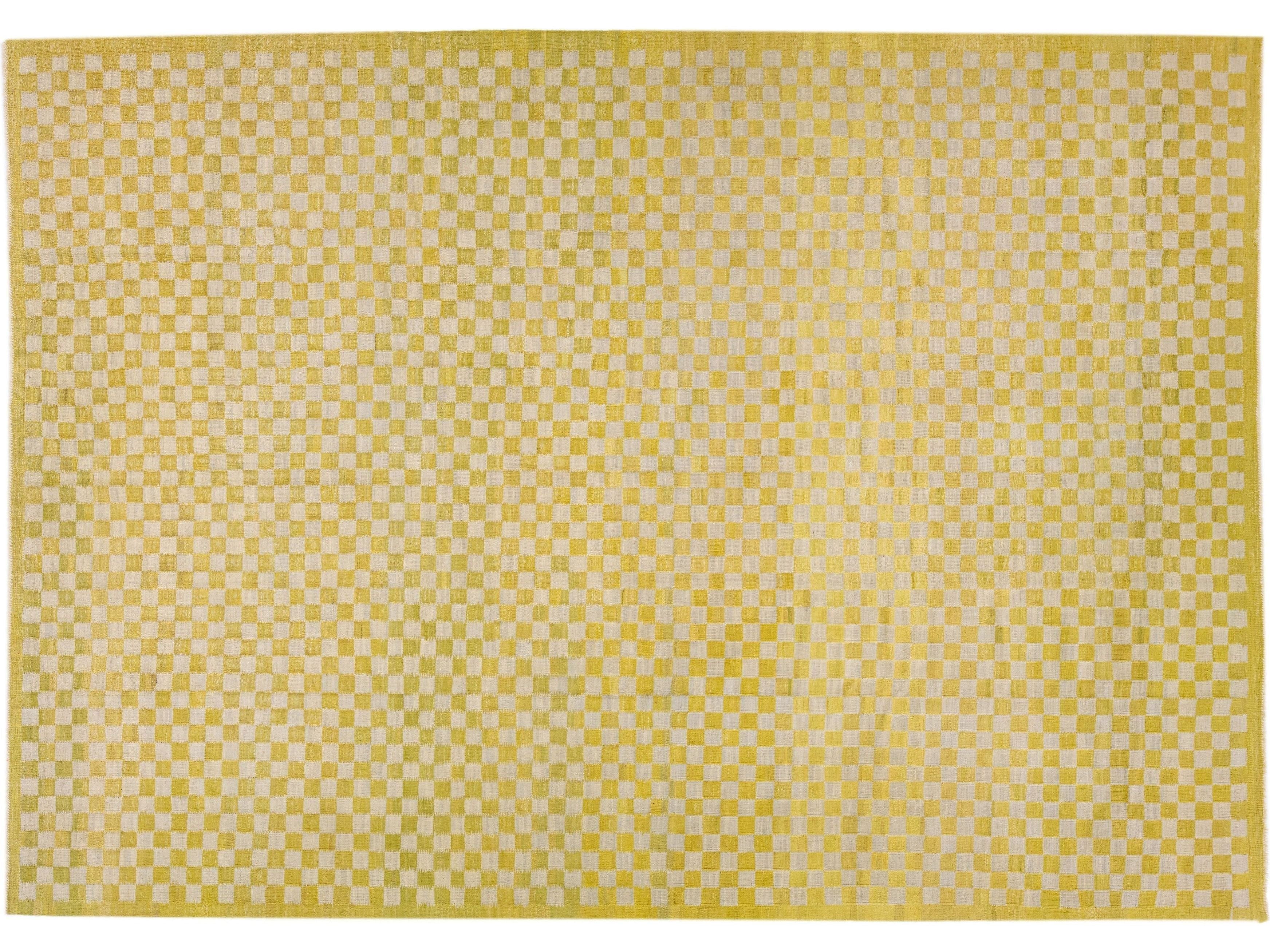 Modern Kilim Yellow Handmade Wool Rug With Checker Motif