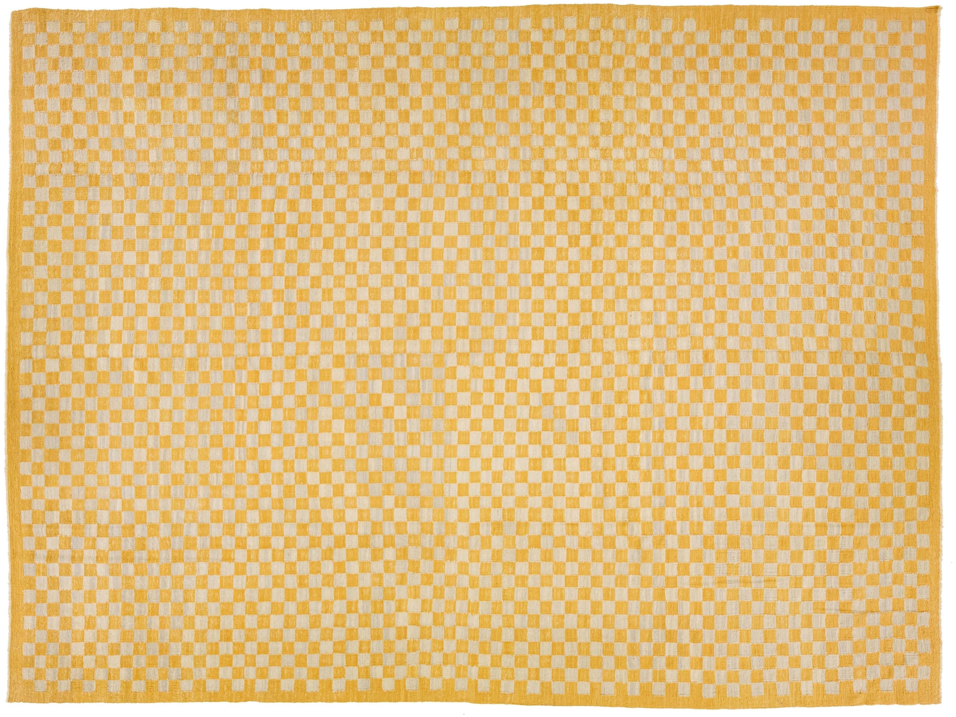Modern Kilim Handmade Wool Rug With a Goldenrod Checker Pattern