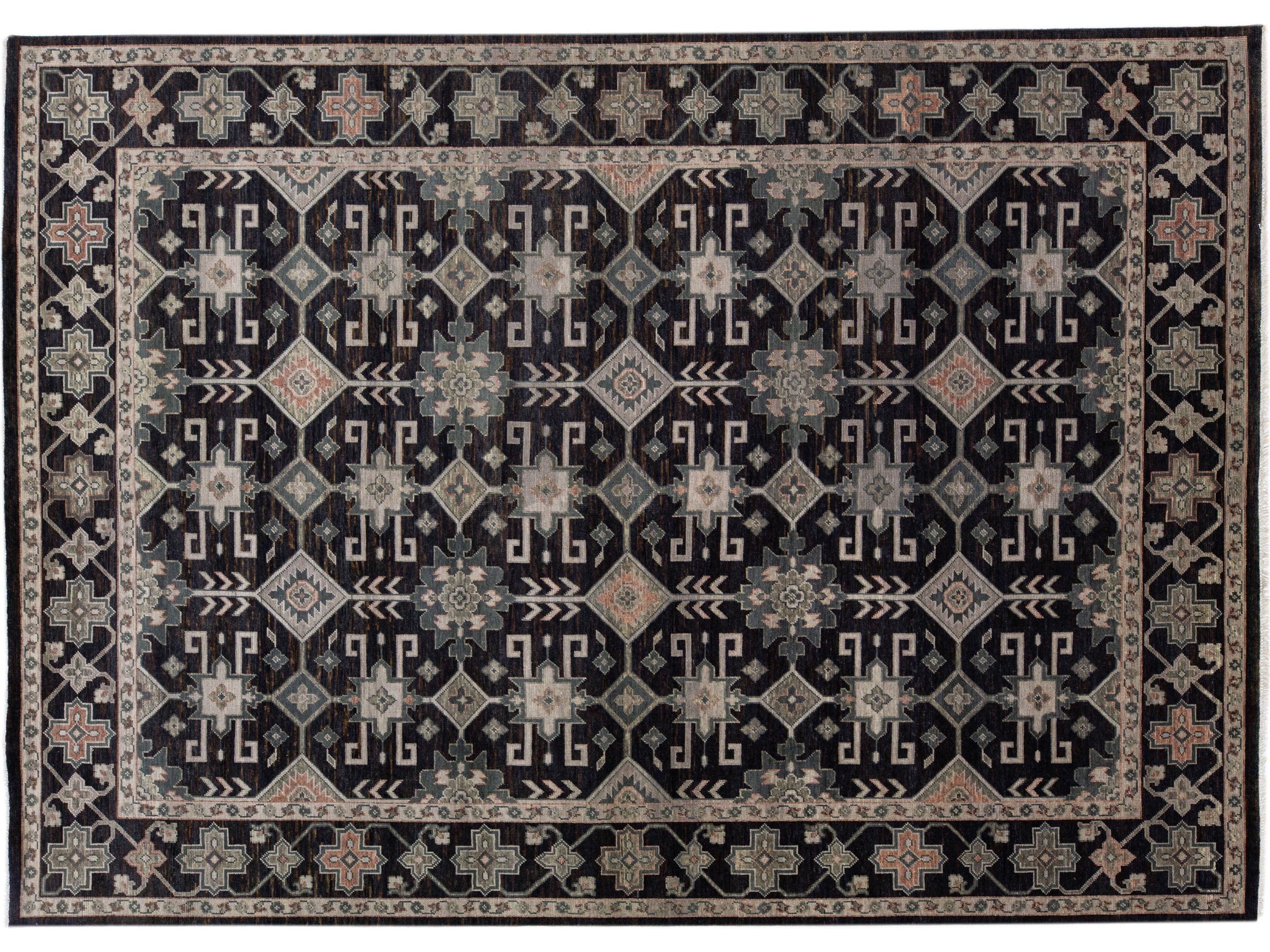Modern Turkish Oushak Handmade Charcoal Wool Rug With Geometric Design