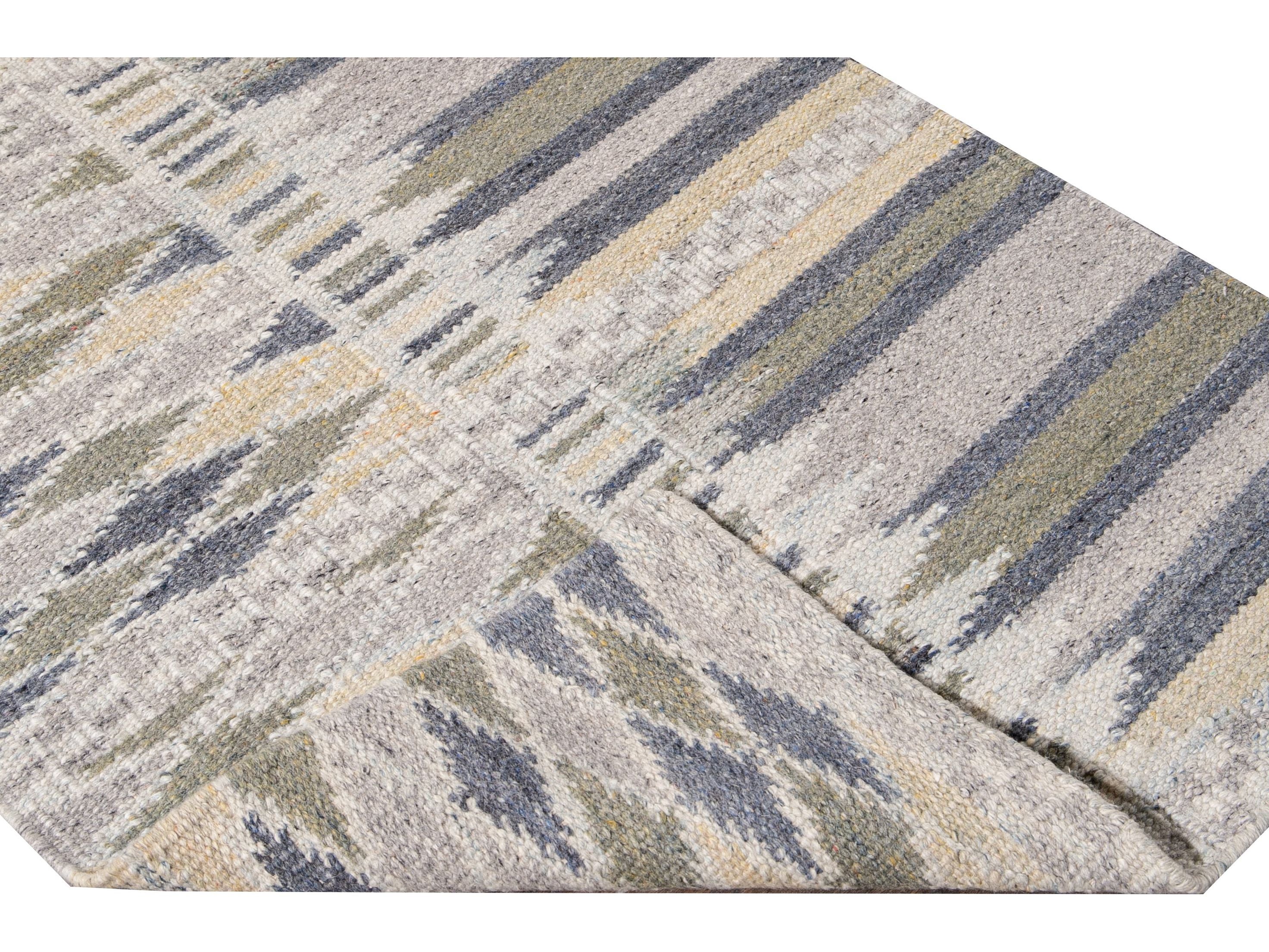 Modern Swedish Style Beige Handmade Geometric Wool Runner