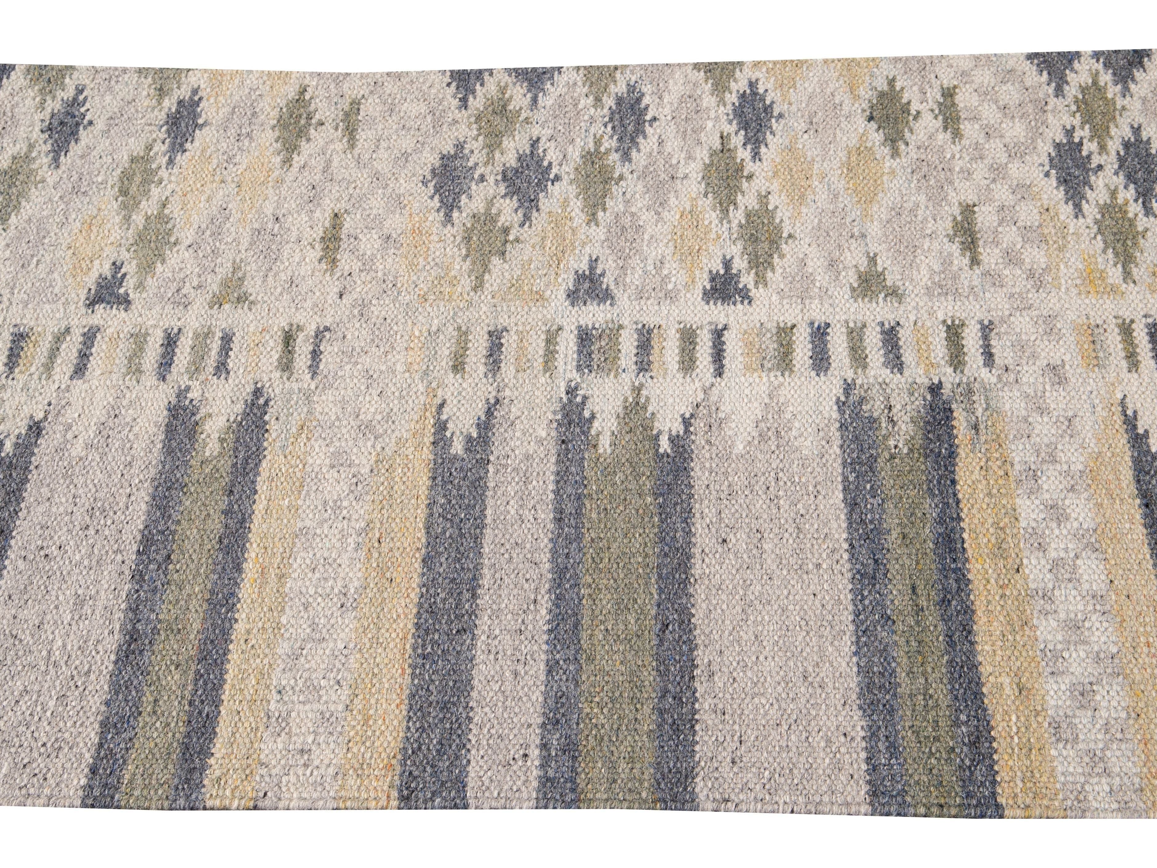 Modern Swedish Style Beige Handmade Geometric Wool Runner