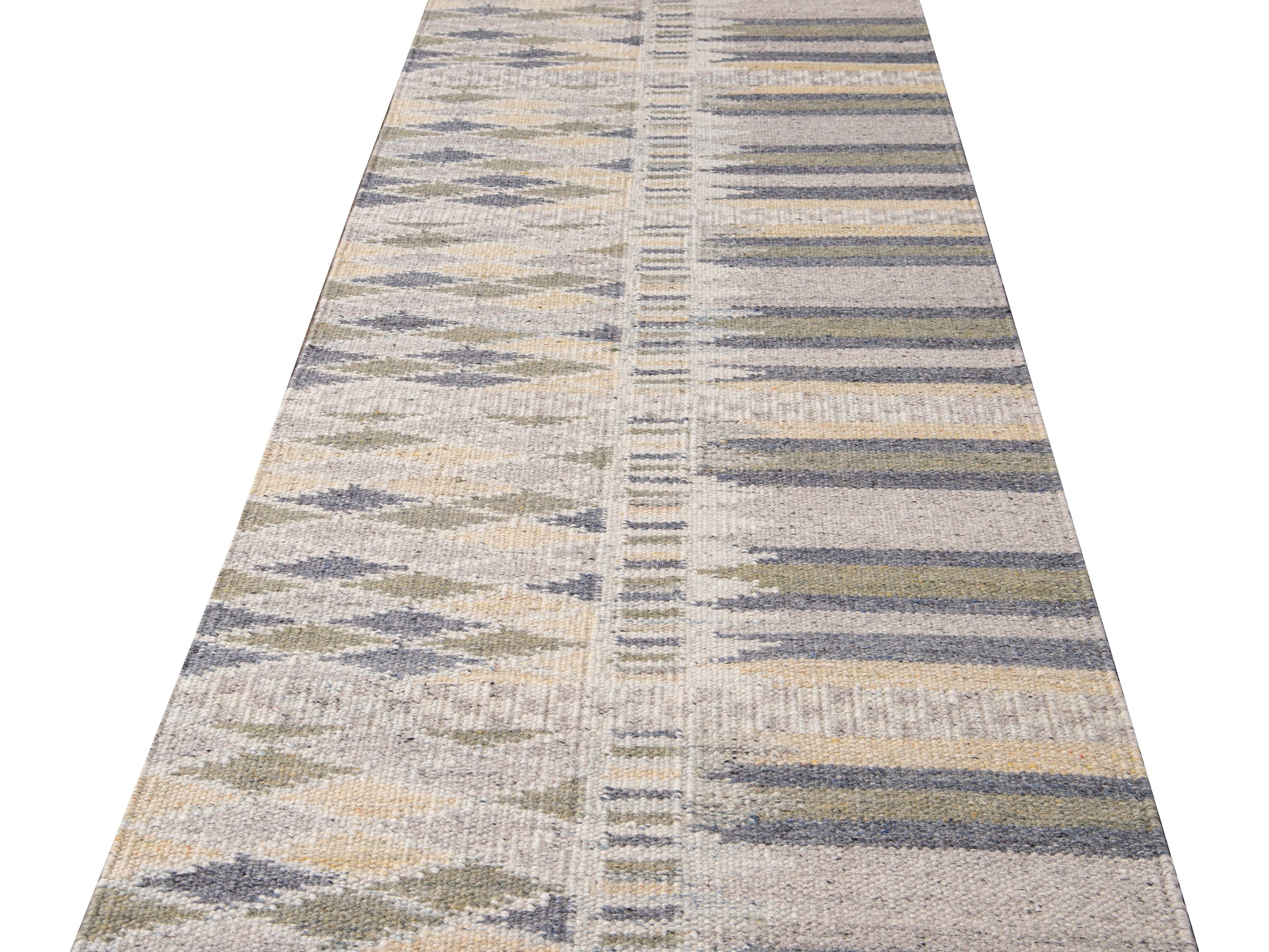 Modern Swedish Style Beige Handmade Geometric Wool Runner