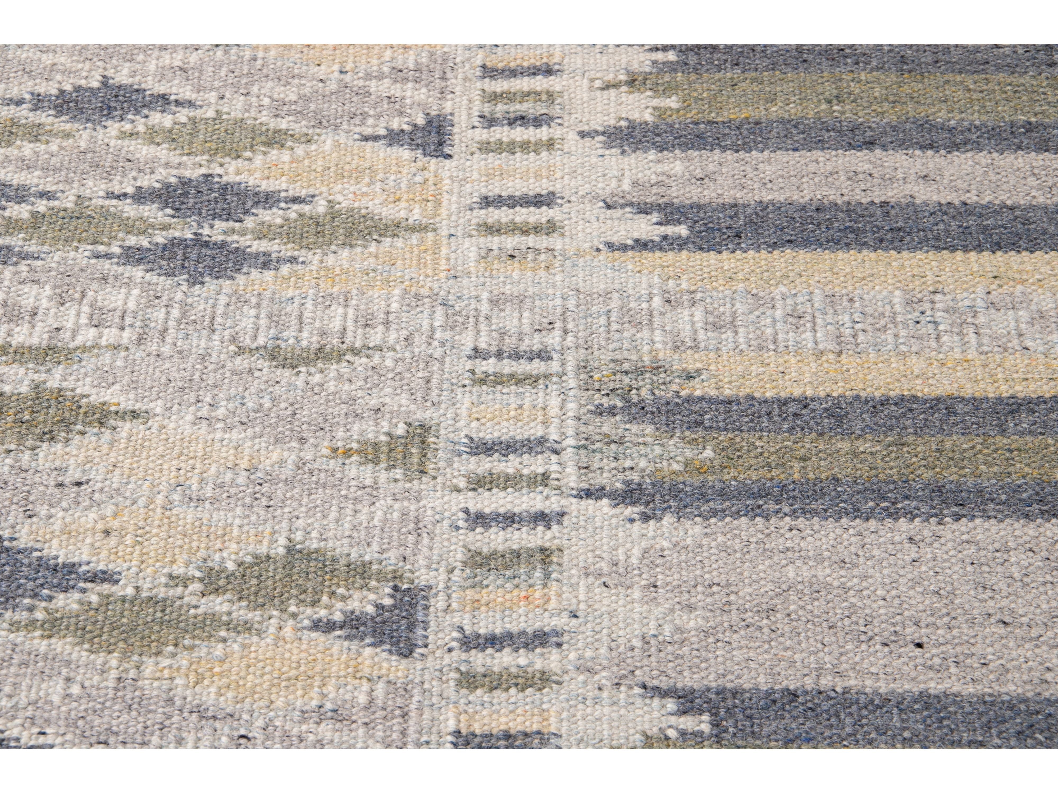 Modern Swedish Style Beige Handmade Geometric Wool Runner