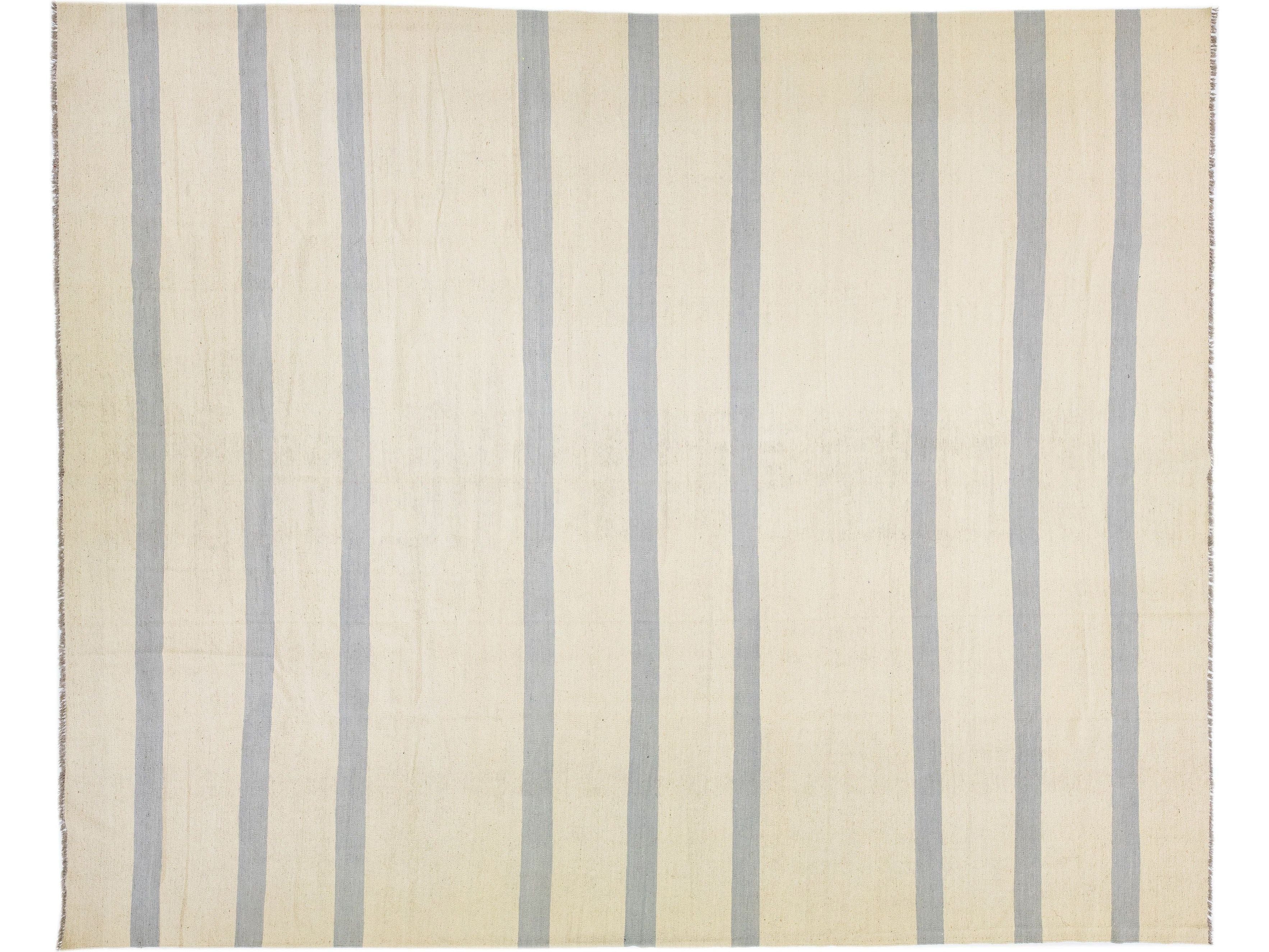 Modern Kilim Flat-Weave Beige Oversize Wool Rug with Stripe Design
