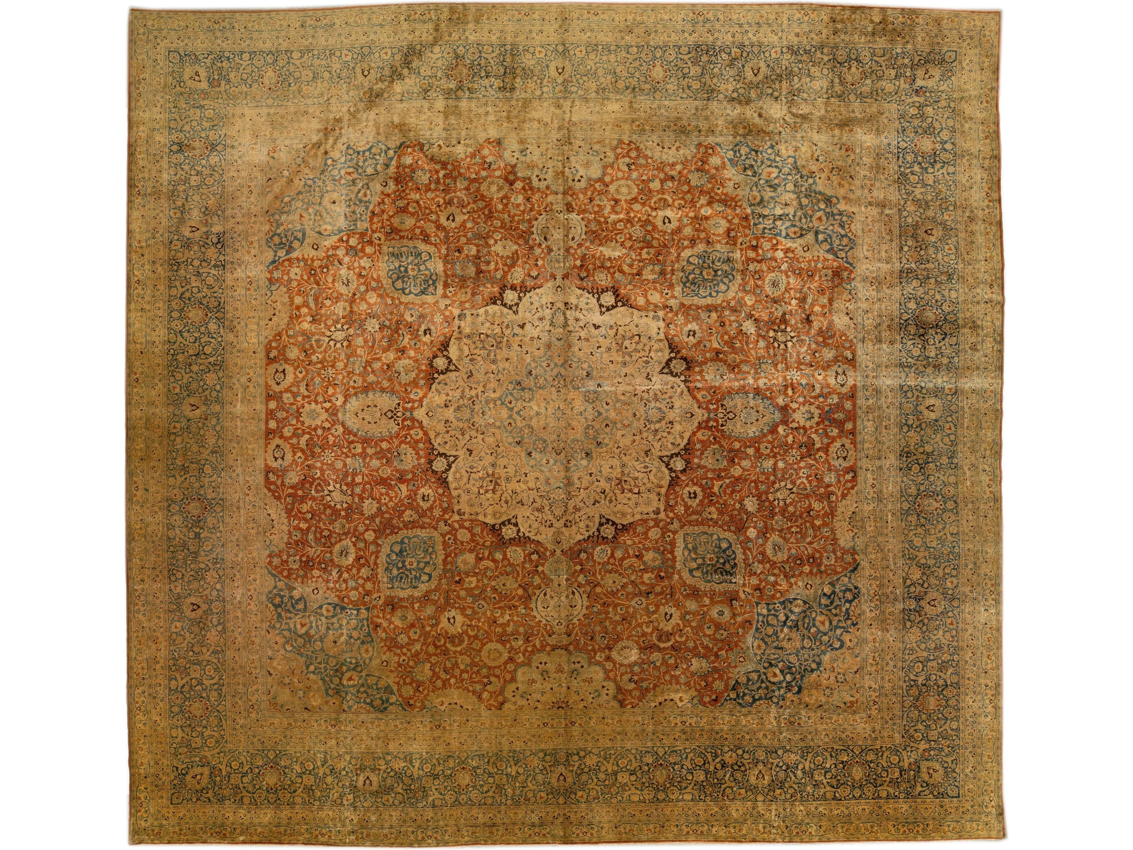 Vintage Mashad Handmade Rust Square Persian Wool Rug with Medallion Design