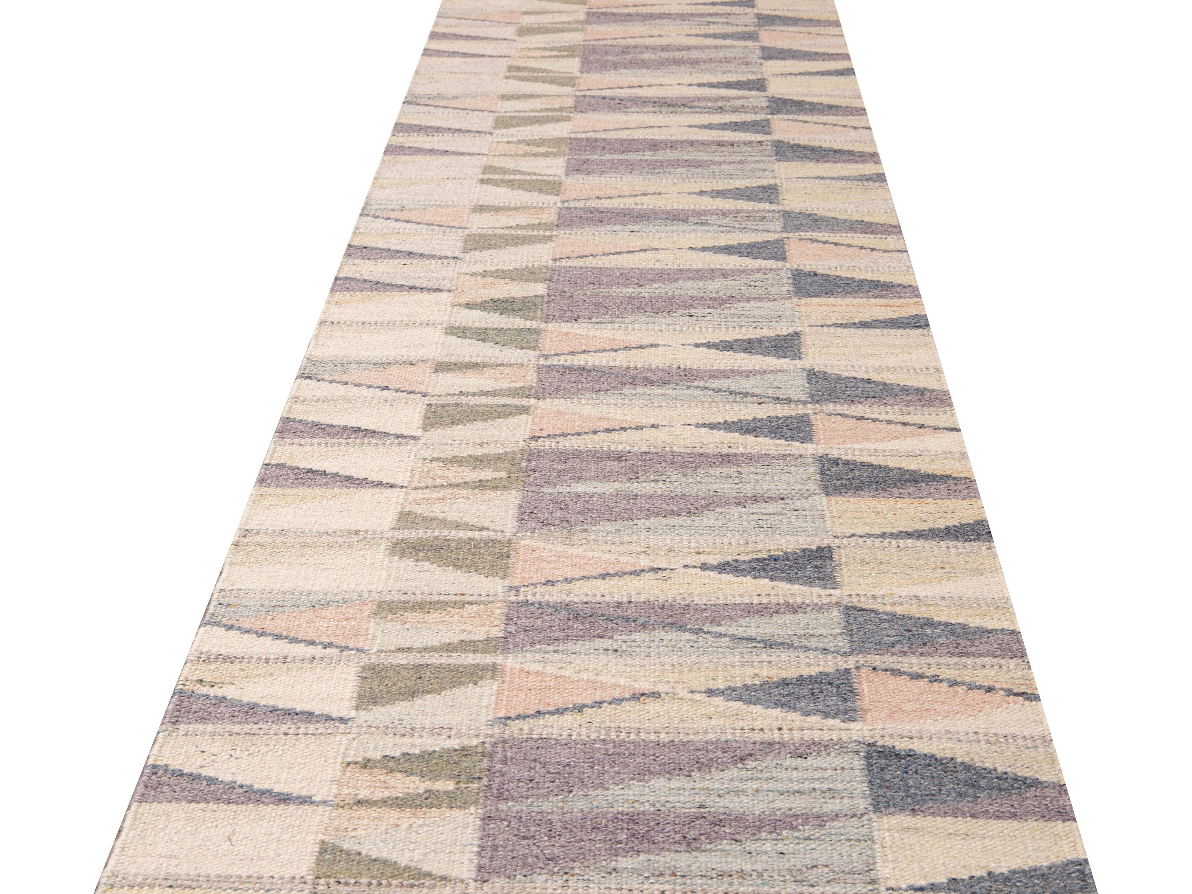 Modern Swedish Style Handmade Geometric Long Multicolor Wool Runner