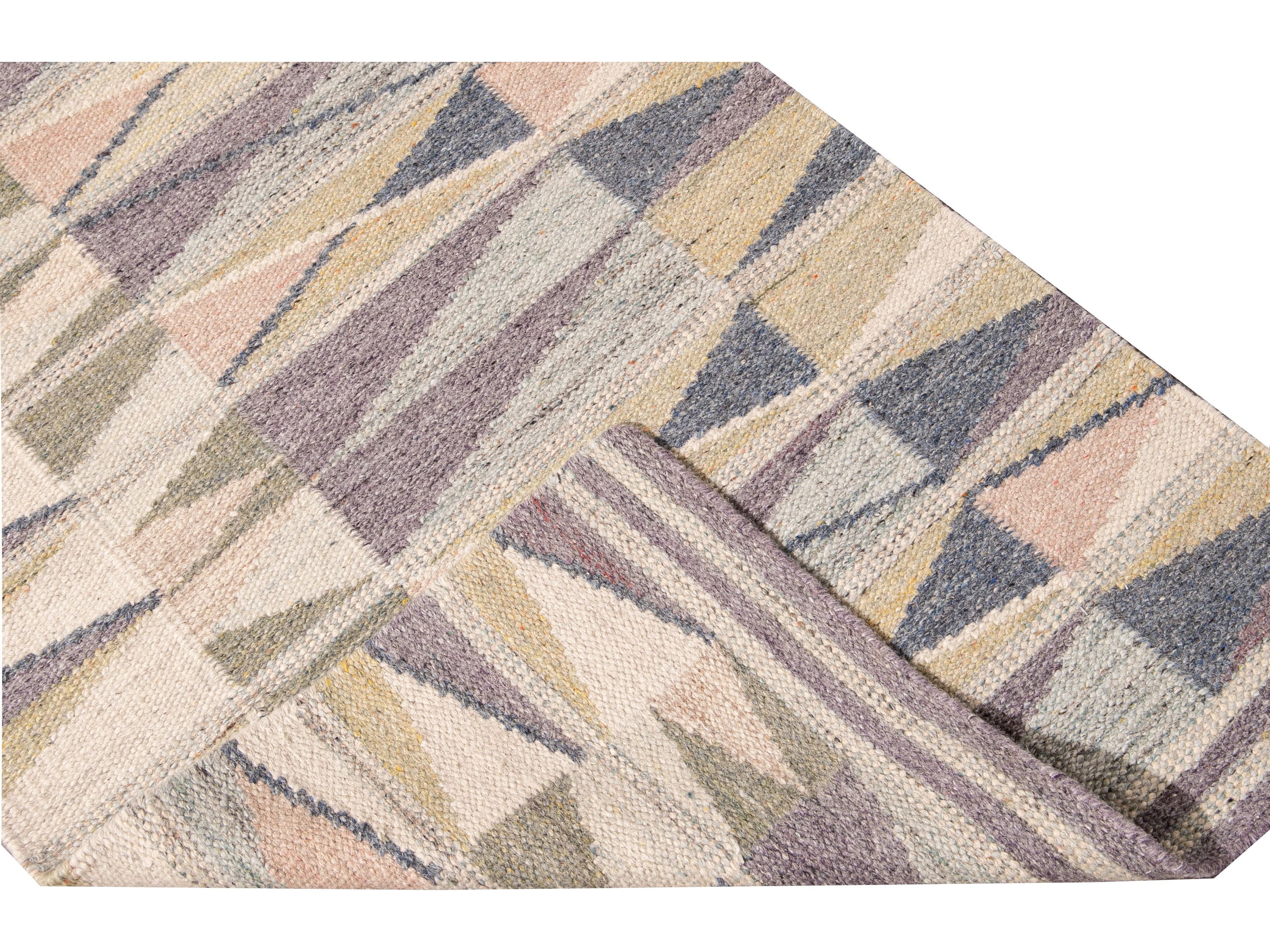 Modern Swedish Style Handmade Geometric Long Multicolor Wool Runner