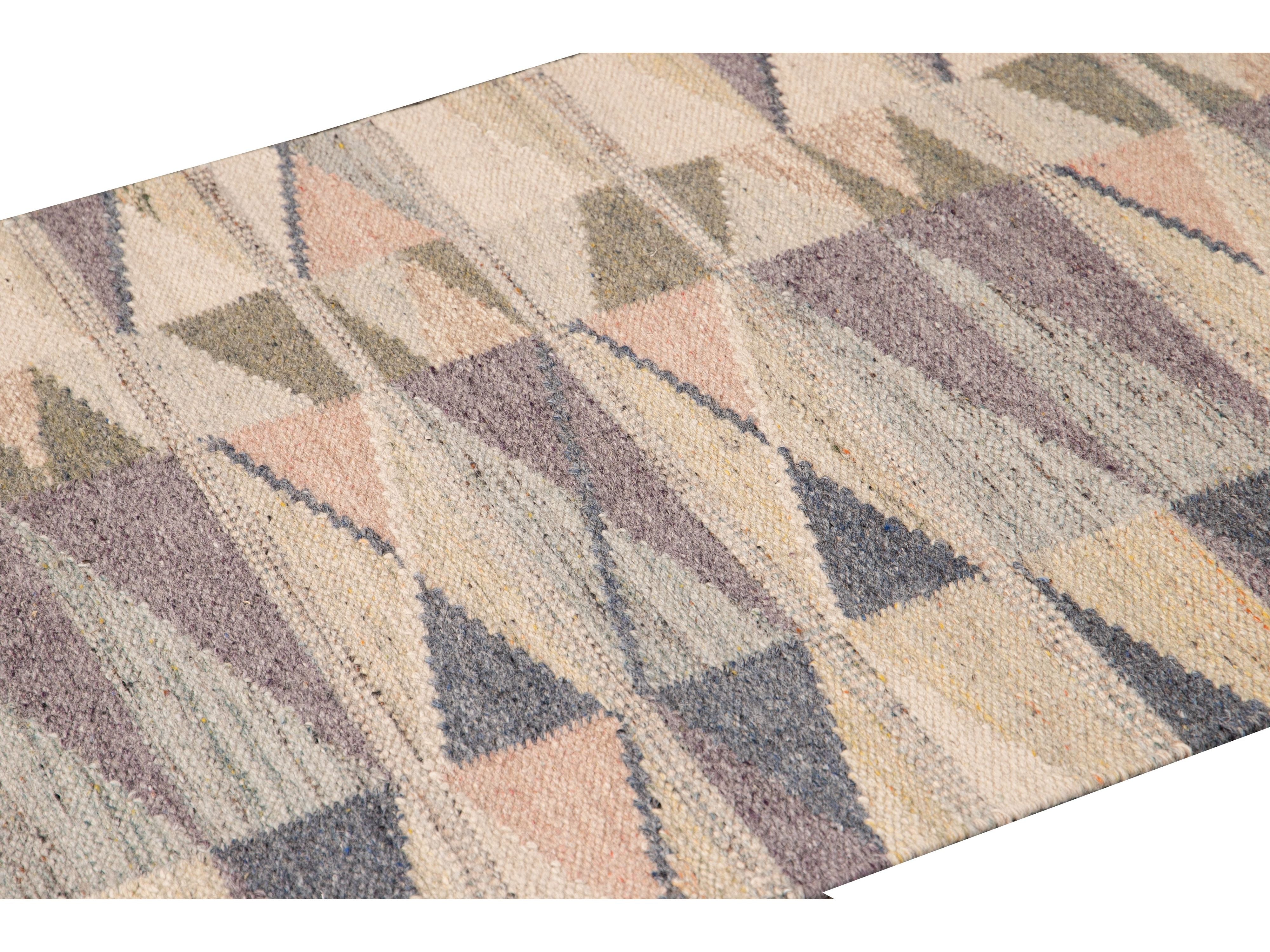 Modern Swedish Style Handmade Geometric Long Multicolor Wool Runner
