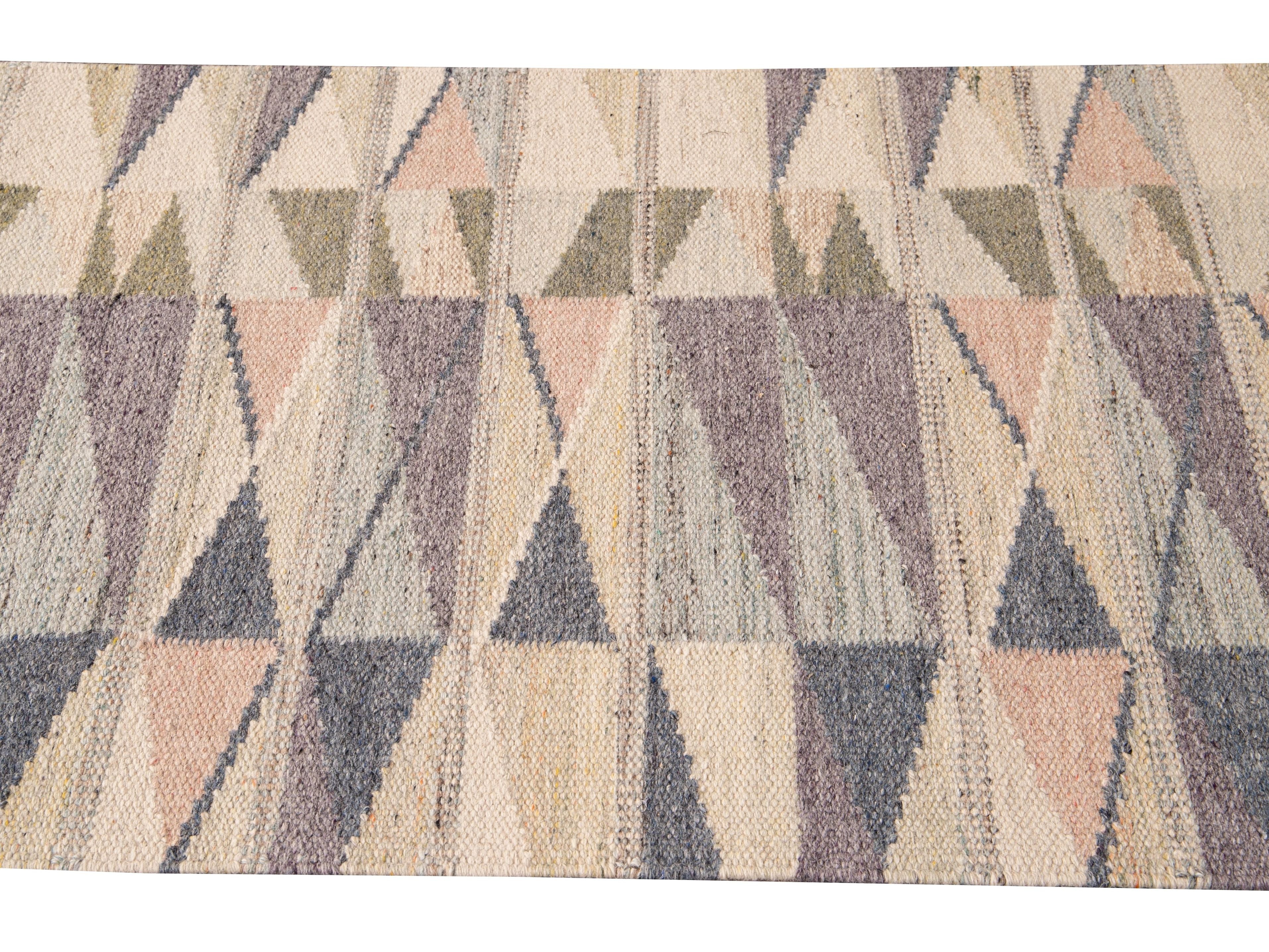 Modern Swedish Style Handmade Geometric Long Multicolor Wool Runner