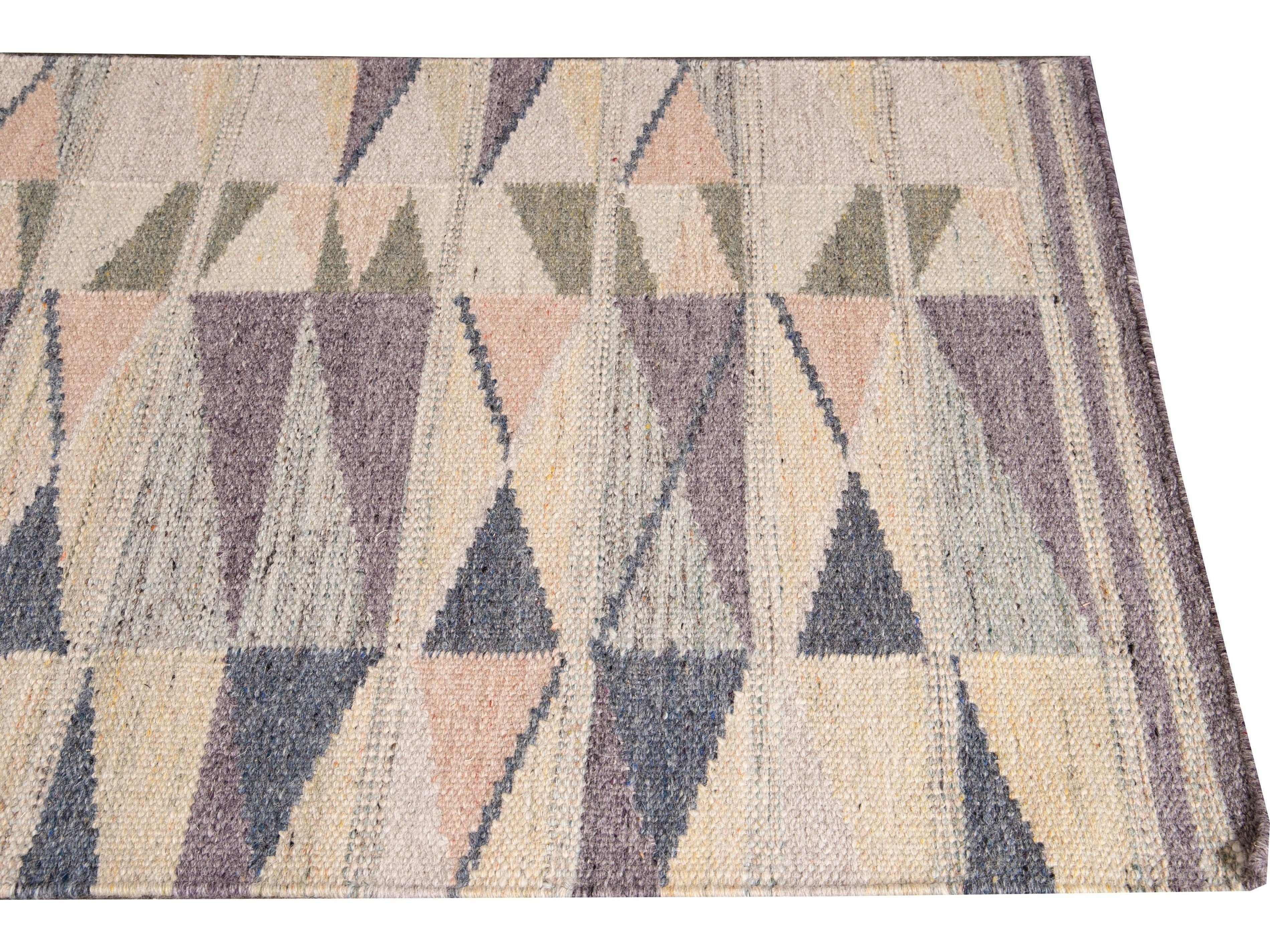 Modern Swedish Style Handmade Geometric Long Multicolor Wool Runner