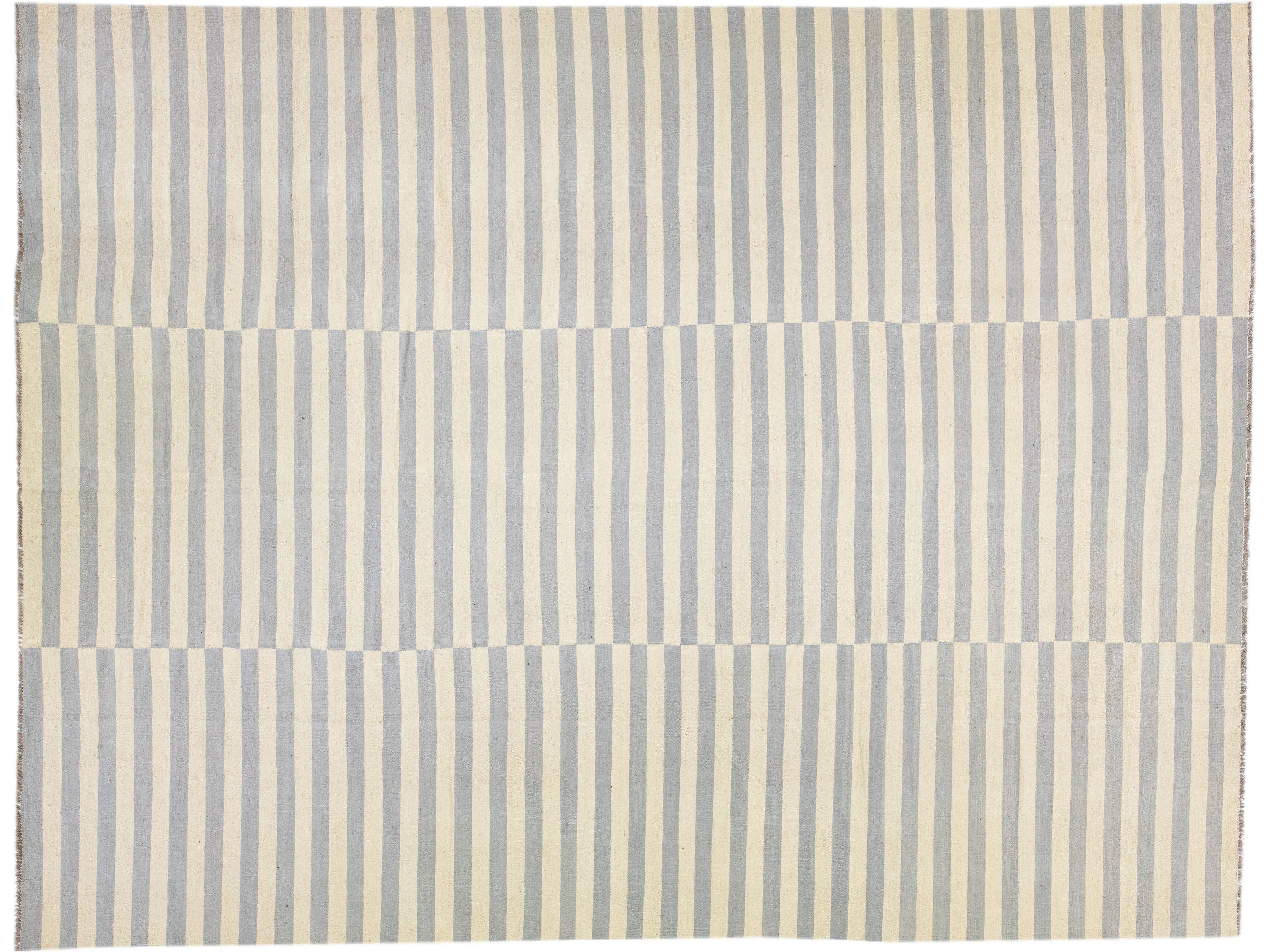 Beige Modern Kilim Flat-Weave Oversize Wool Rug With Allover Pattern