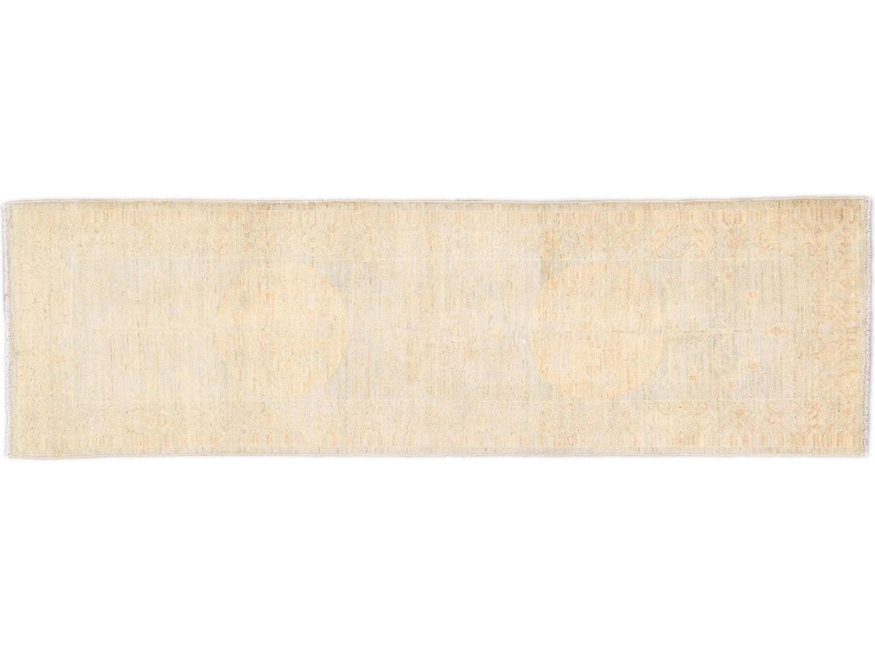 Modern Khotan Handmade Geometric Motif Blue and Beige Wool Runner