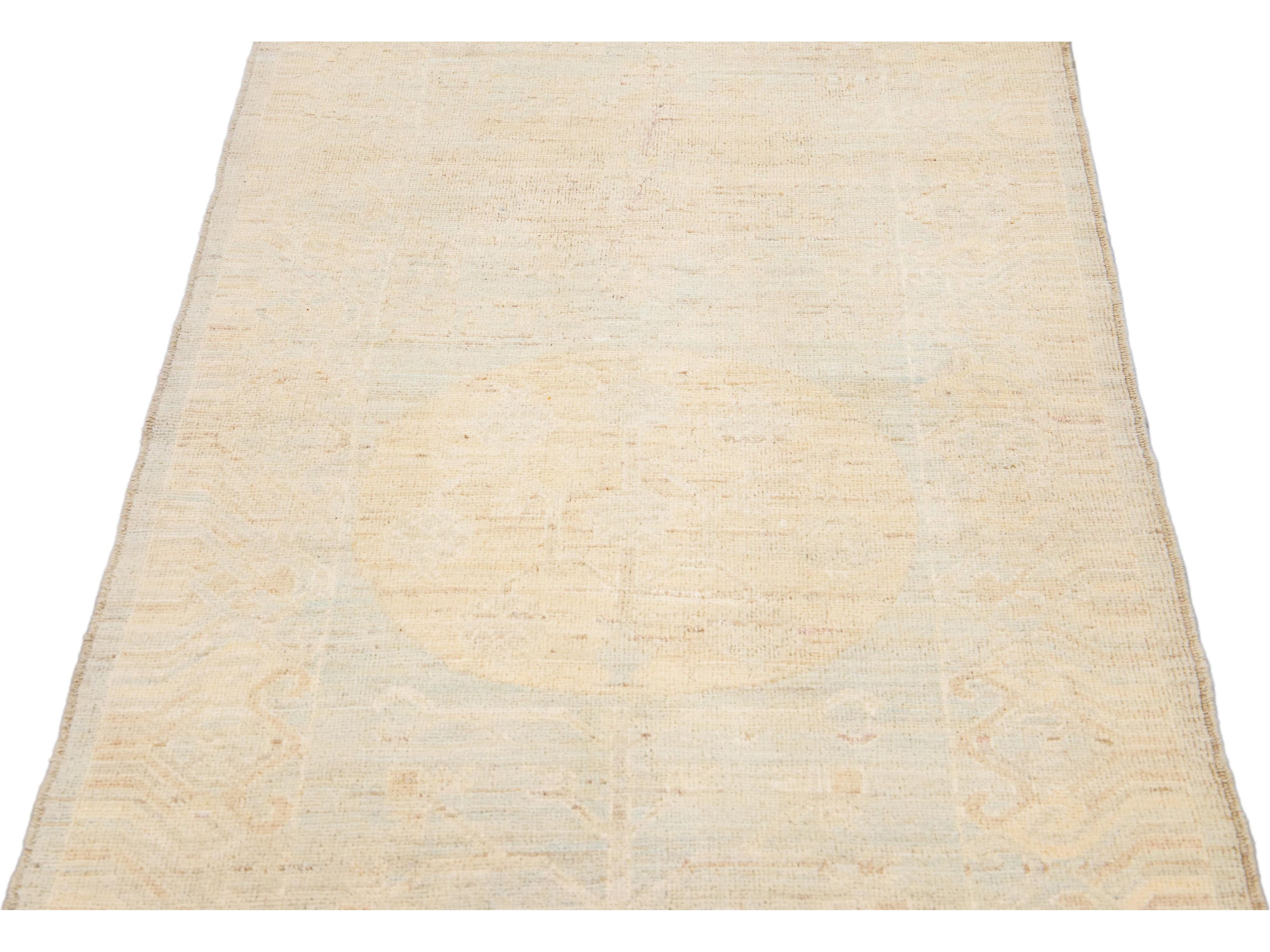 Modern Khotan Handmade Geometric Motif Blue and Beige Wool Runner