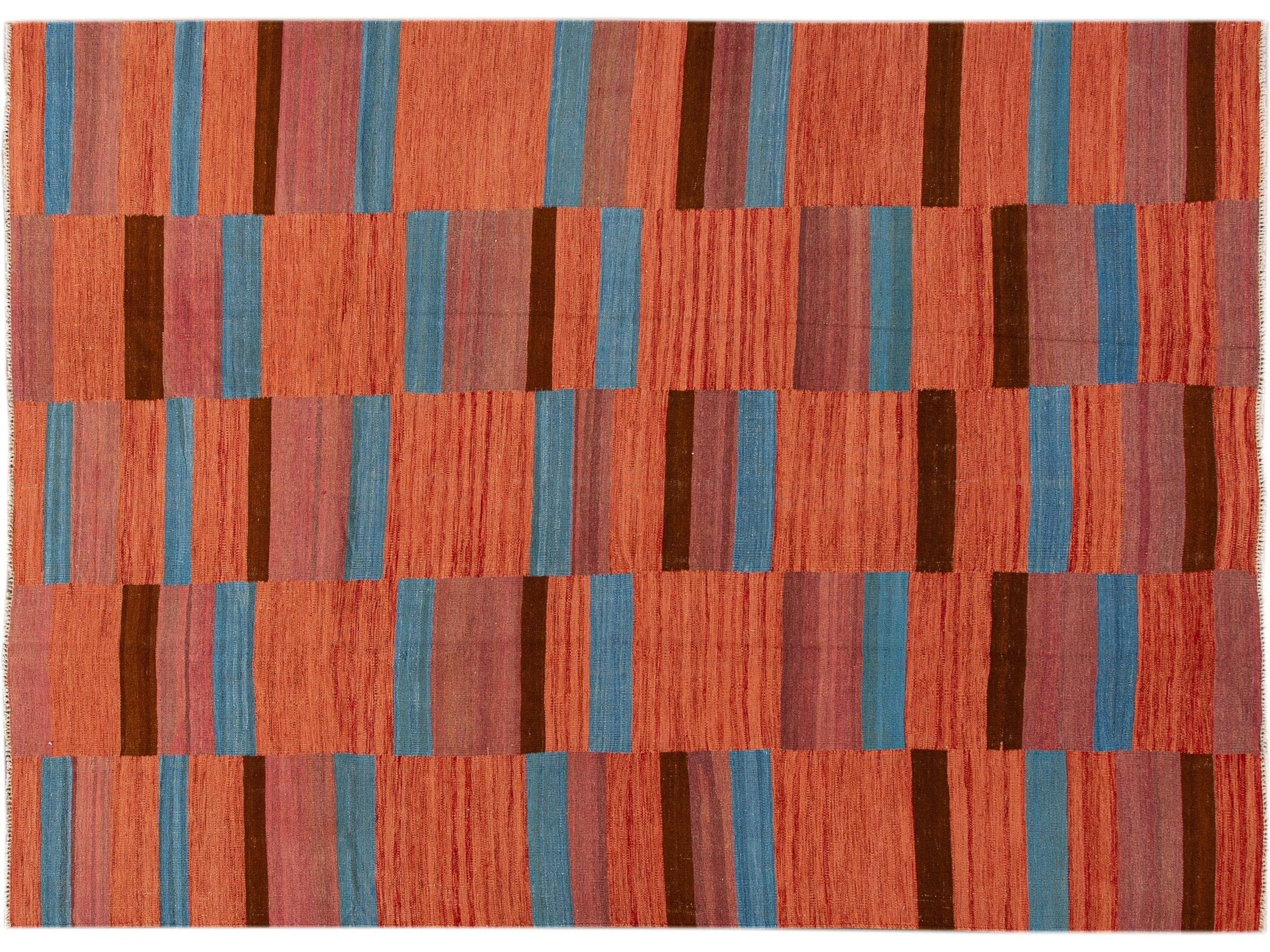Modern Kilim Flatweave Orange Geometric Abstract Wool Rug