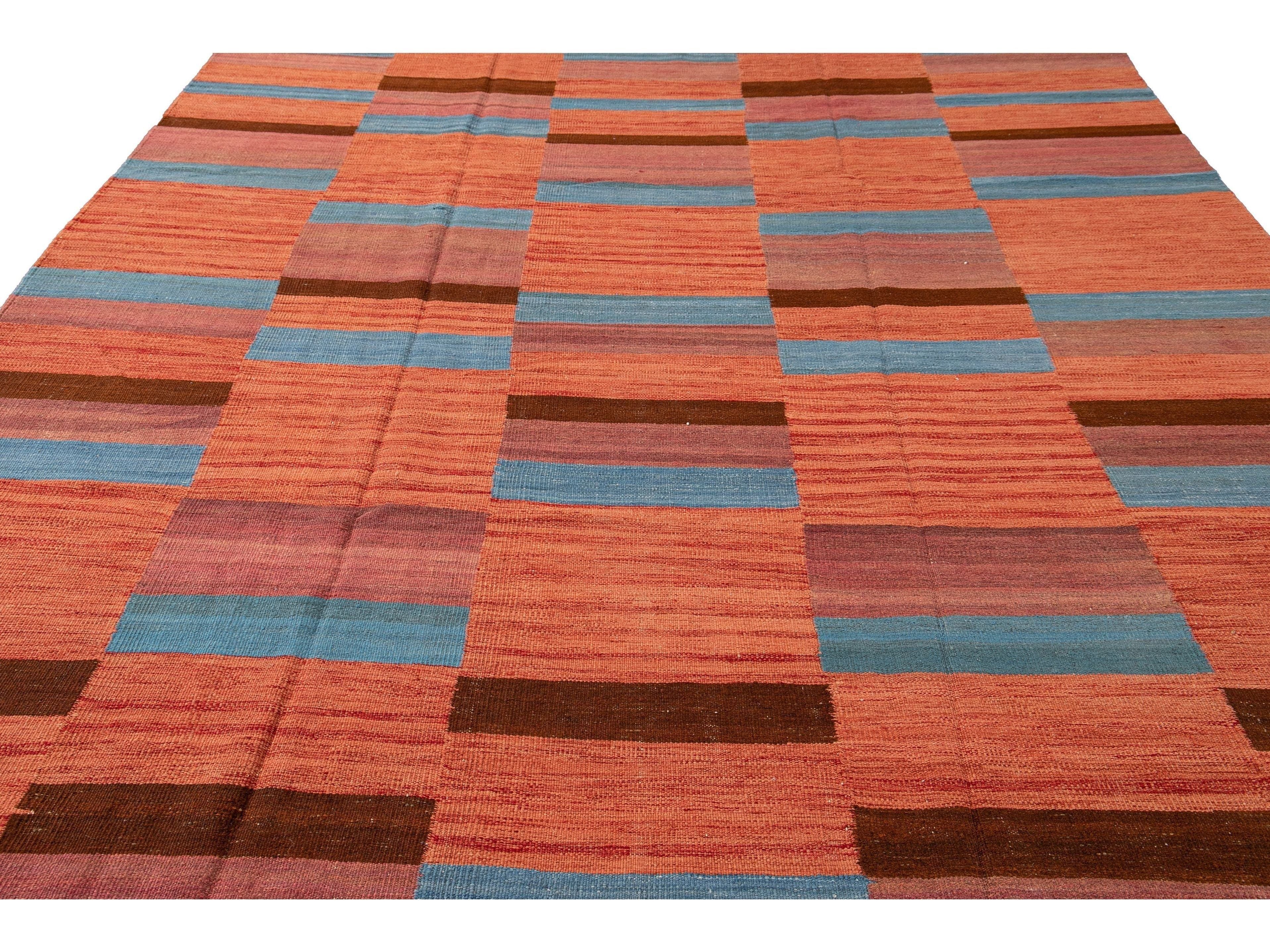Modern Kilim Flatweave Orange Geometric Abstract Wool Rug